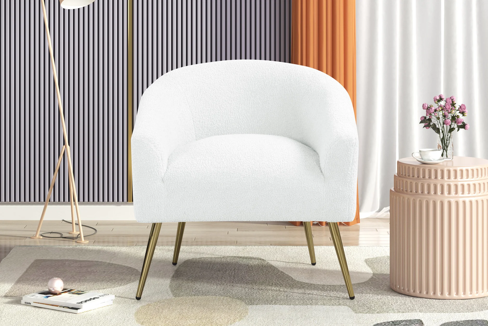 Modern Boucle Accent Chair in White with Gold Metal Legs