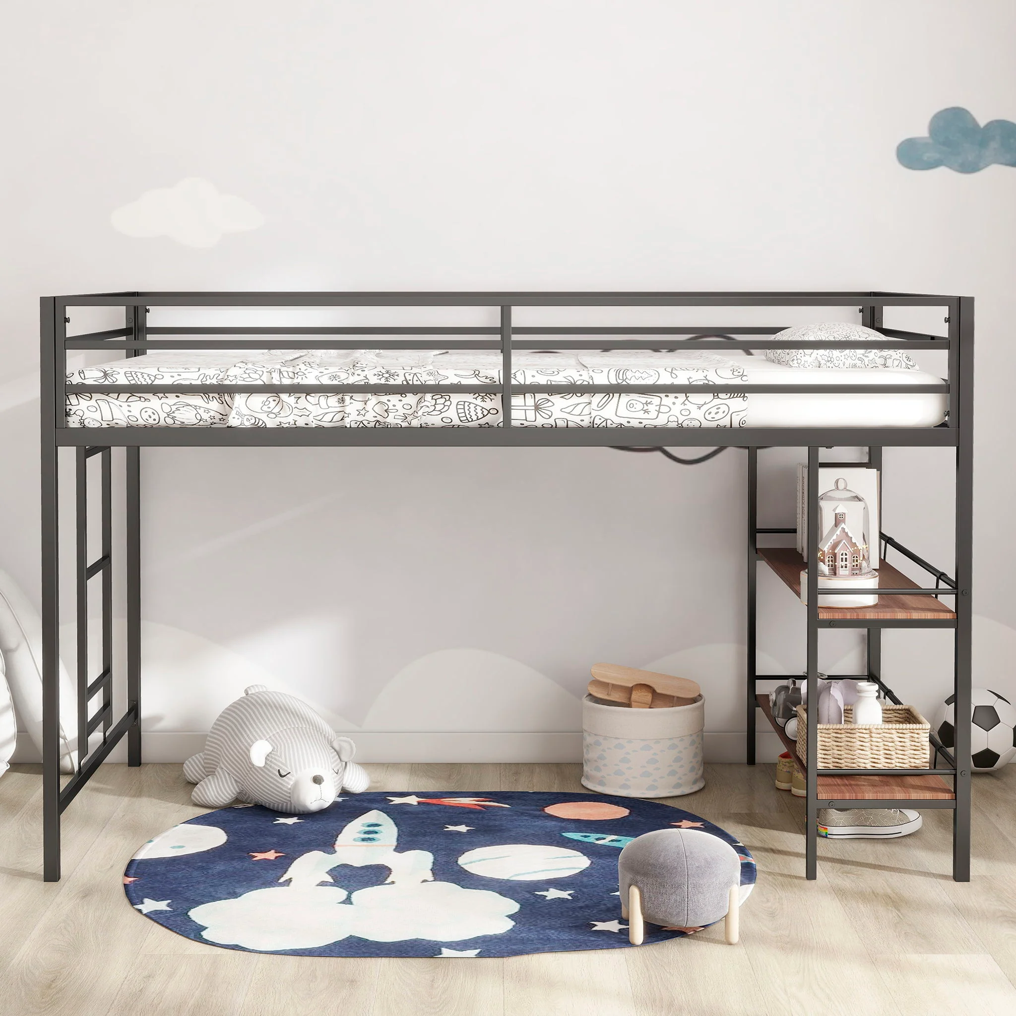 2460-adam-twin-loft-bunk-bed-with-cinnamon-wood-shelf-black-4.webp Adam - Twin Loft Bunk Bed With Cinnamon Wood Shelf - Black