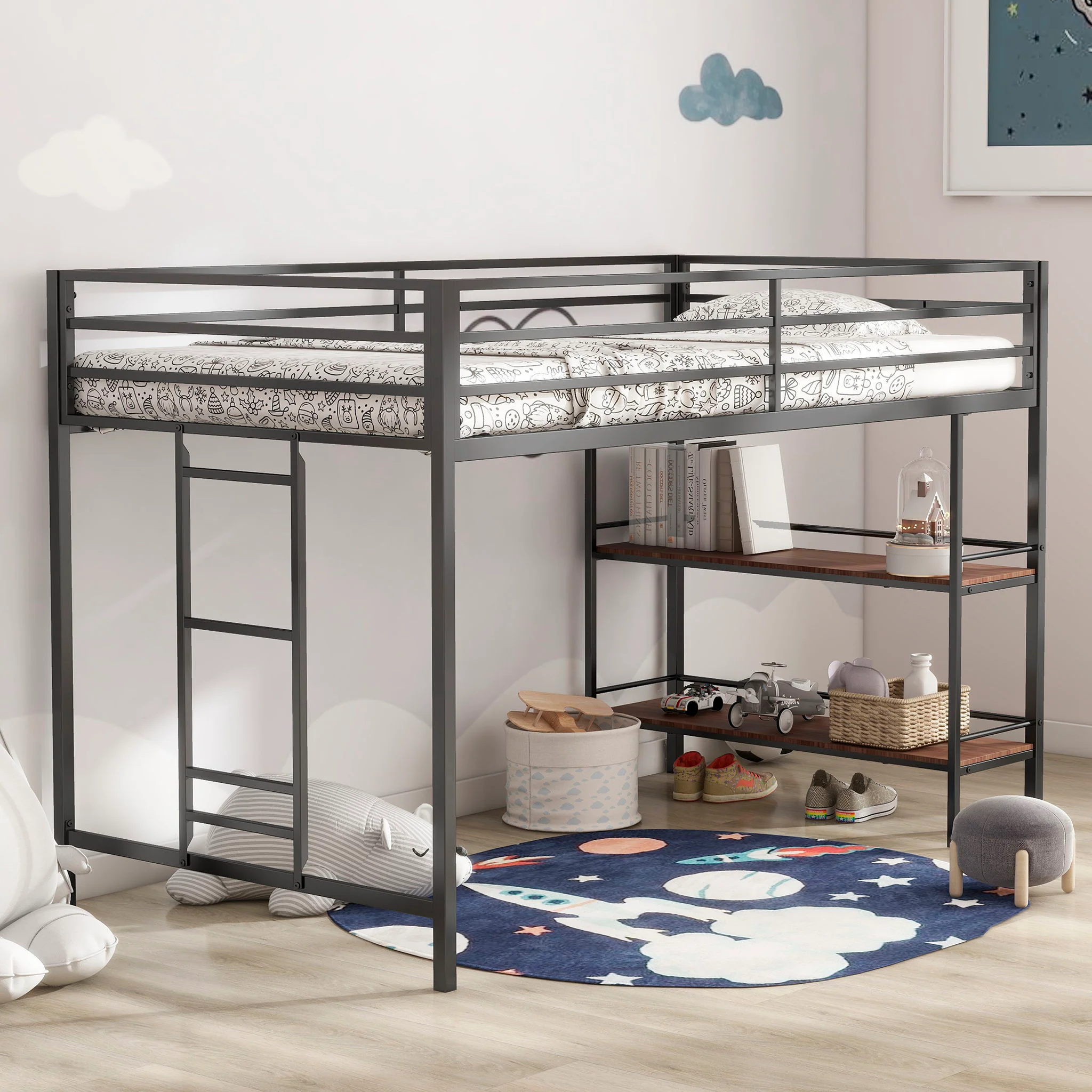2460-adam-twin-loft-bunk-bed-with-cinnamon-wood-shelf-black-9.webp Adam - Twin Loft Bunk Bed With Cinnamon Wood Shelf - Black