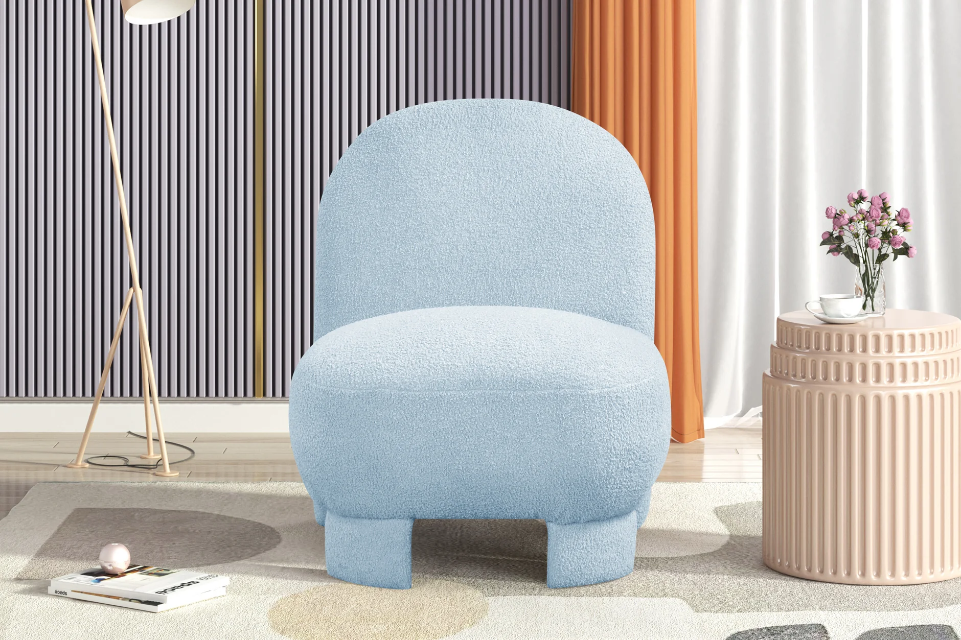 Light Blue Bouclé Modern Armless Accent Chair with Curved Back & Plush Seat