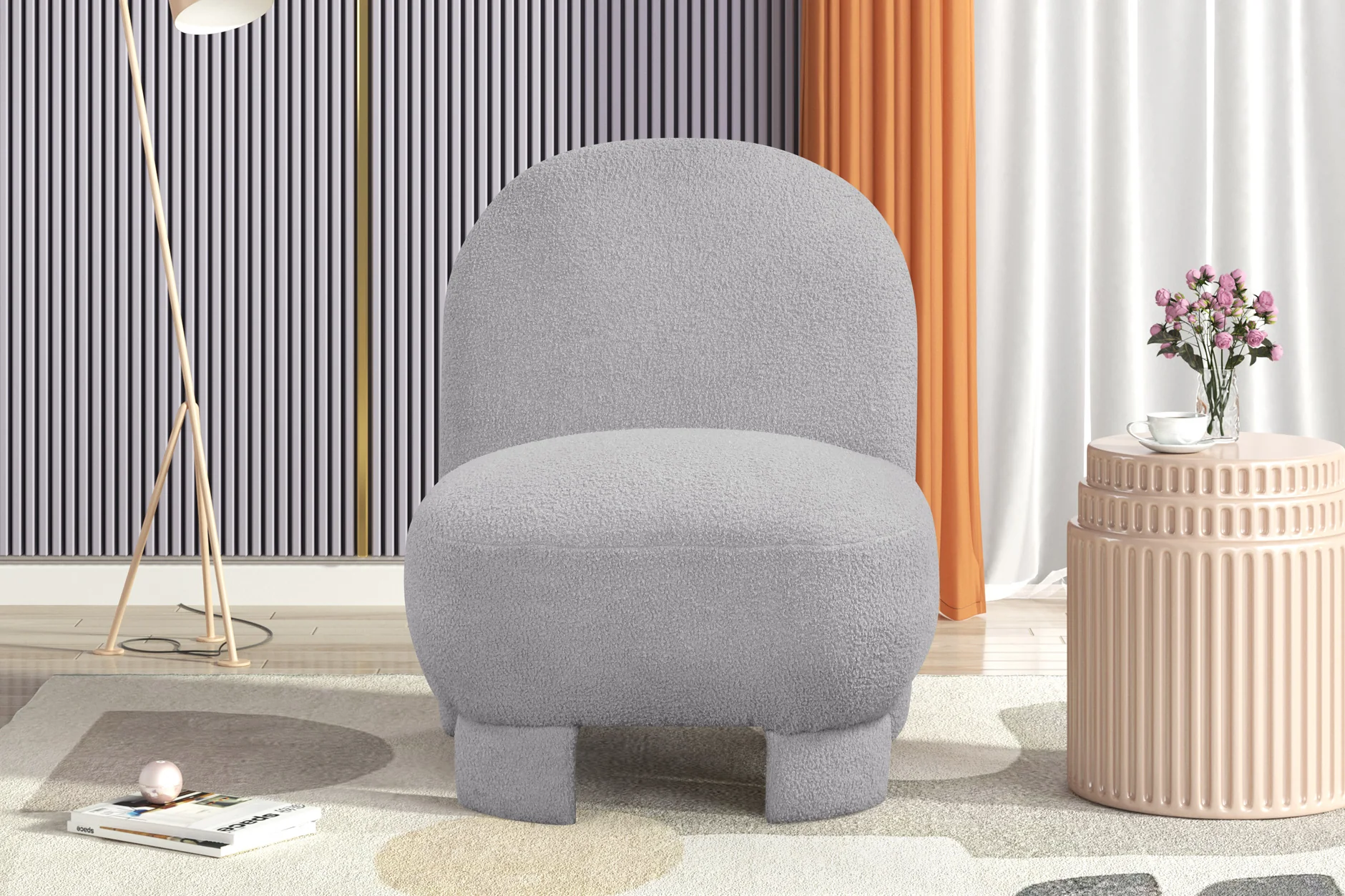 Light Gray Bouclé Modern Armless Accent Chair with Curved Back & Plush Seat