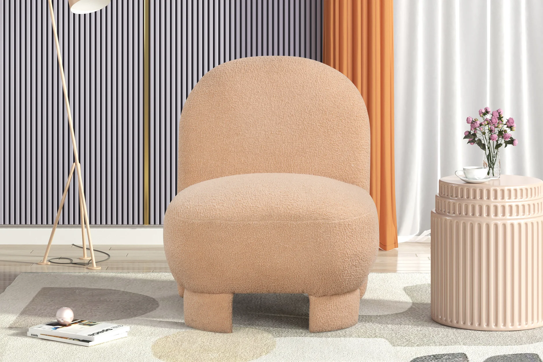Light Brown Bouclé Modern Armless Accent Chair with Curved Back & Plush Seat