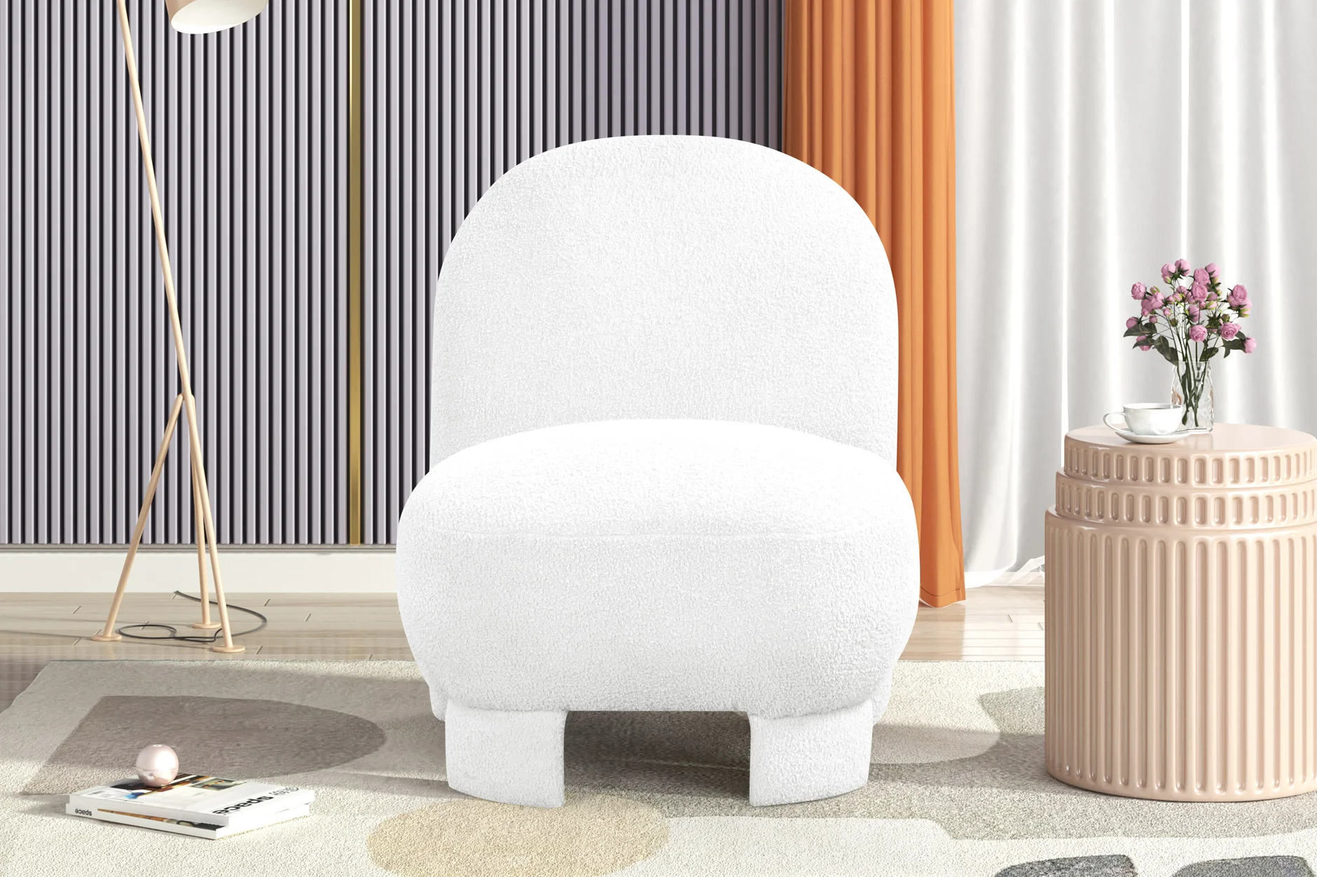 Beige Bouclé Modern Armless Accent Chair with Curved Back & Plush Seat