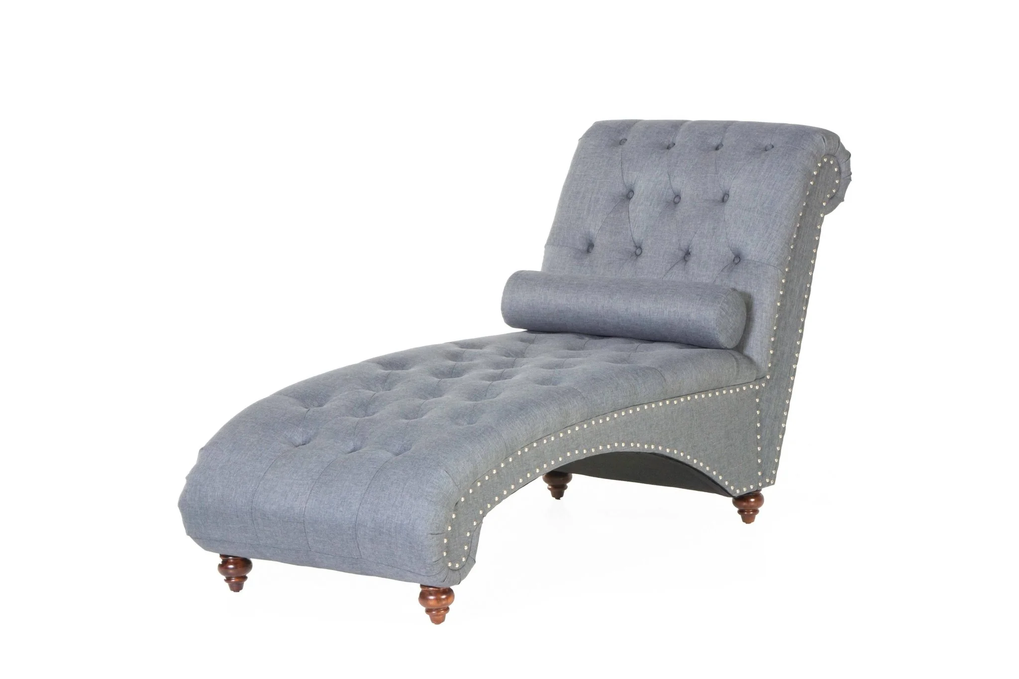 Gray Tufted Chaise Lounge with Nailhead Trim & Bolster Pillow