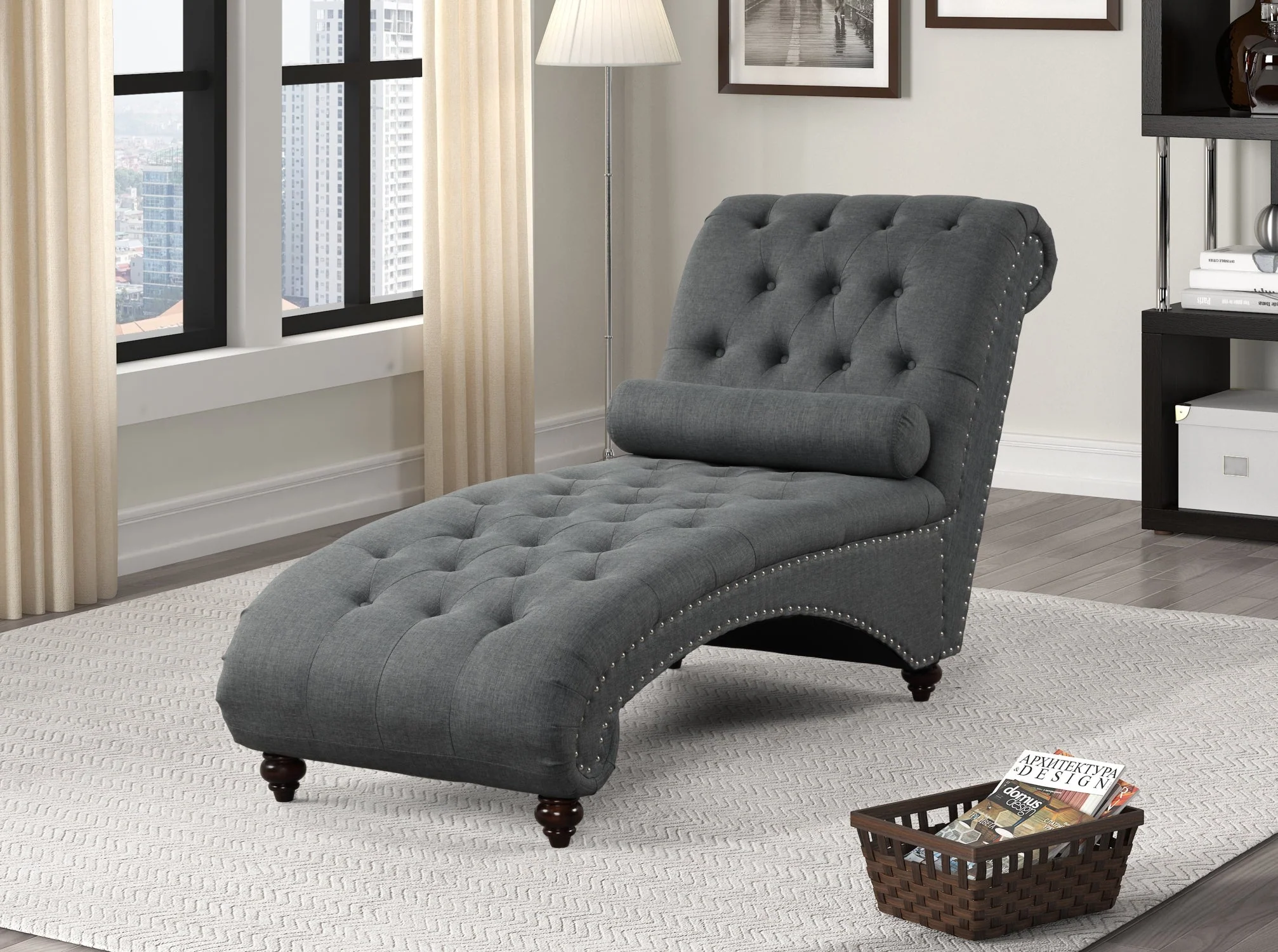 256-gray-tufted-chaise-lounge-with-nailhead-trim-bolster-pillow-2.webp Gray Tufted Chaise Lounge with Nailhead Trim & Bolster Pillow