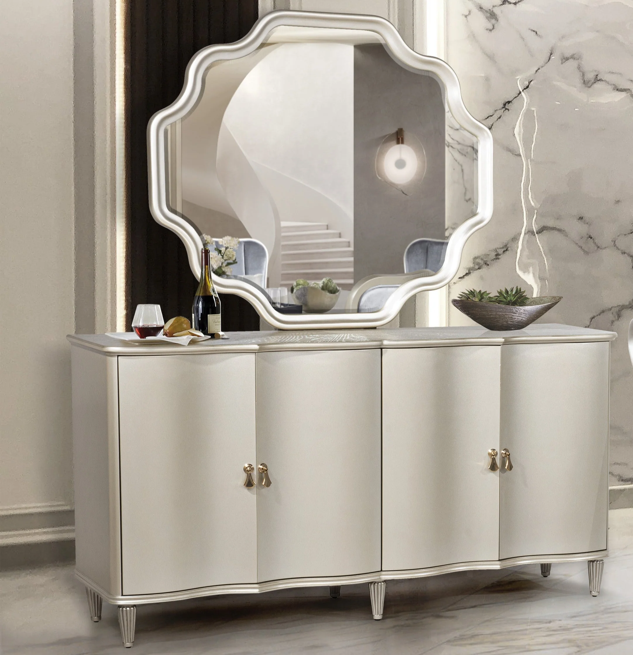 Glam Sideboard & Scalloped Mirror in Champagne Silver