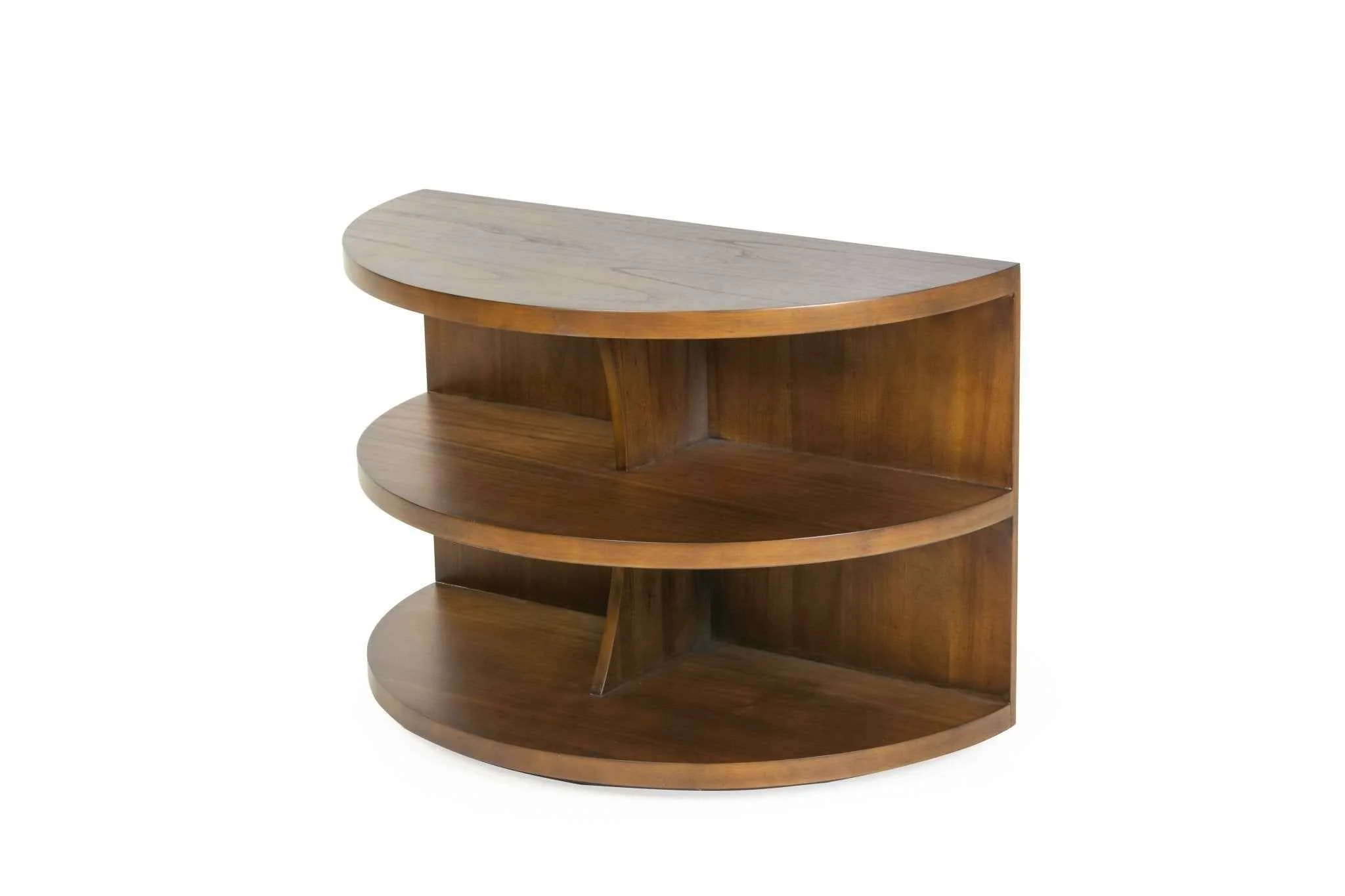 Half-Moon Sofa Table with 2 Shelves – Warm Walnut