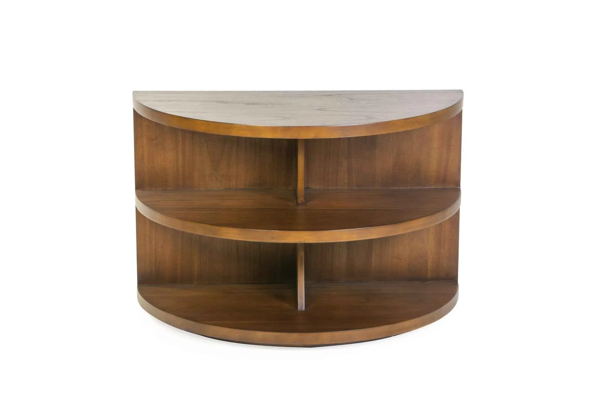 Half-Moon Sofa Table with 2 Shelves – Warm Walnut