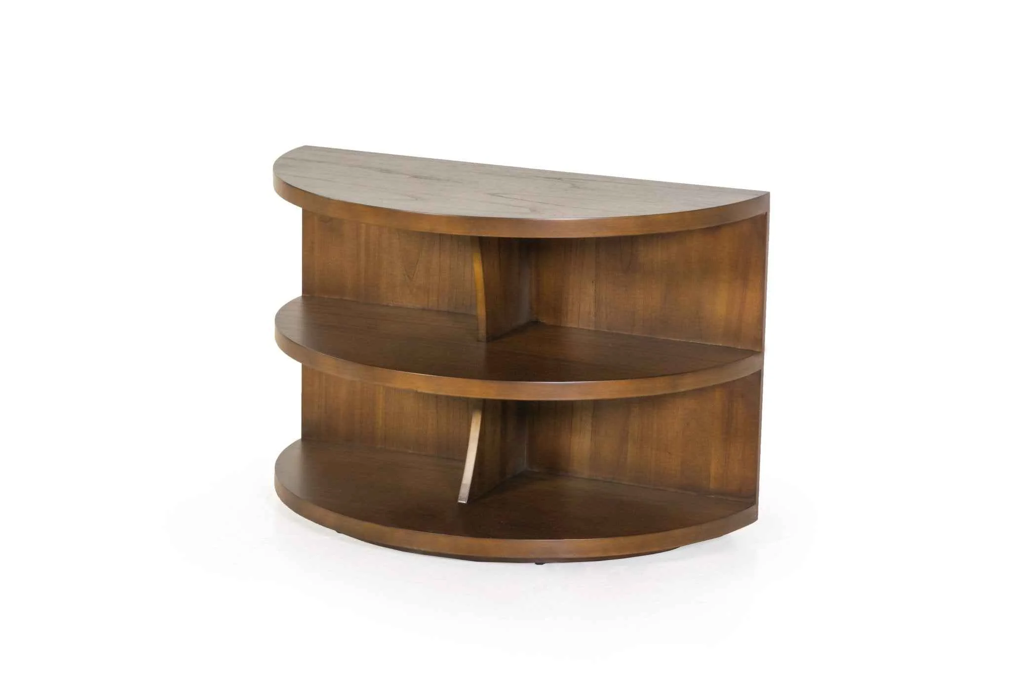 Half-Moon Sofa Table with 2 Shelves – Warm Walnut