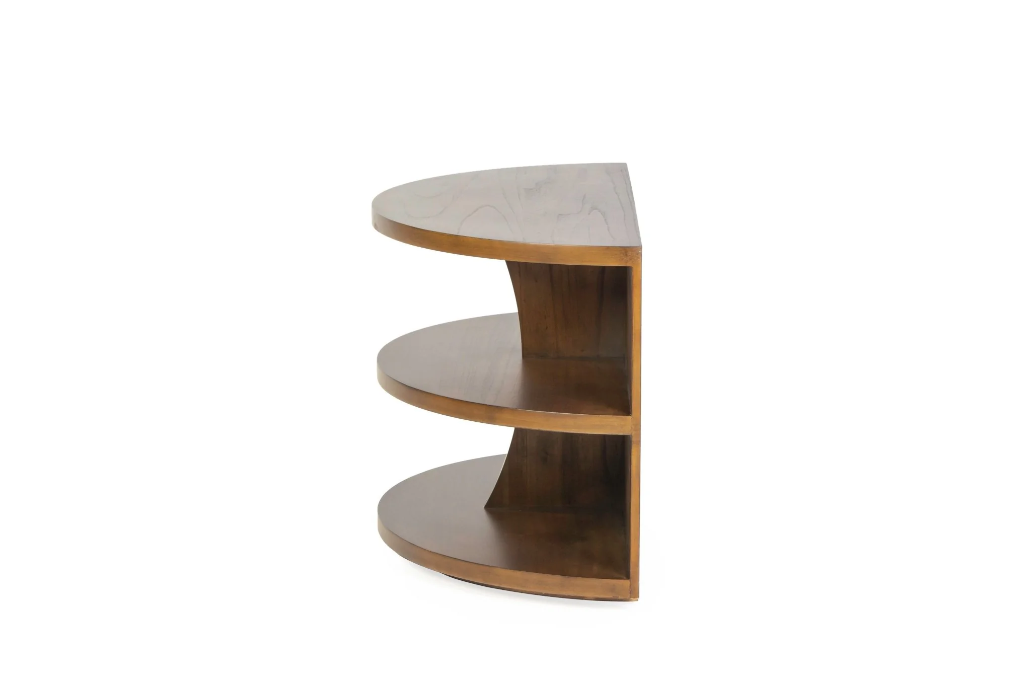 Half-Moon Sofa Table with 2 Shelves – Warm Walnut