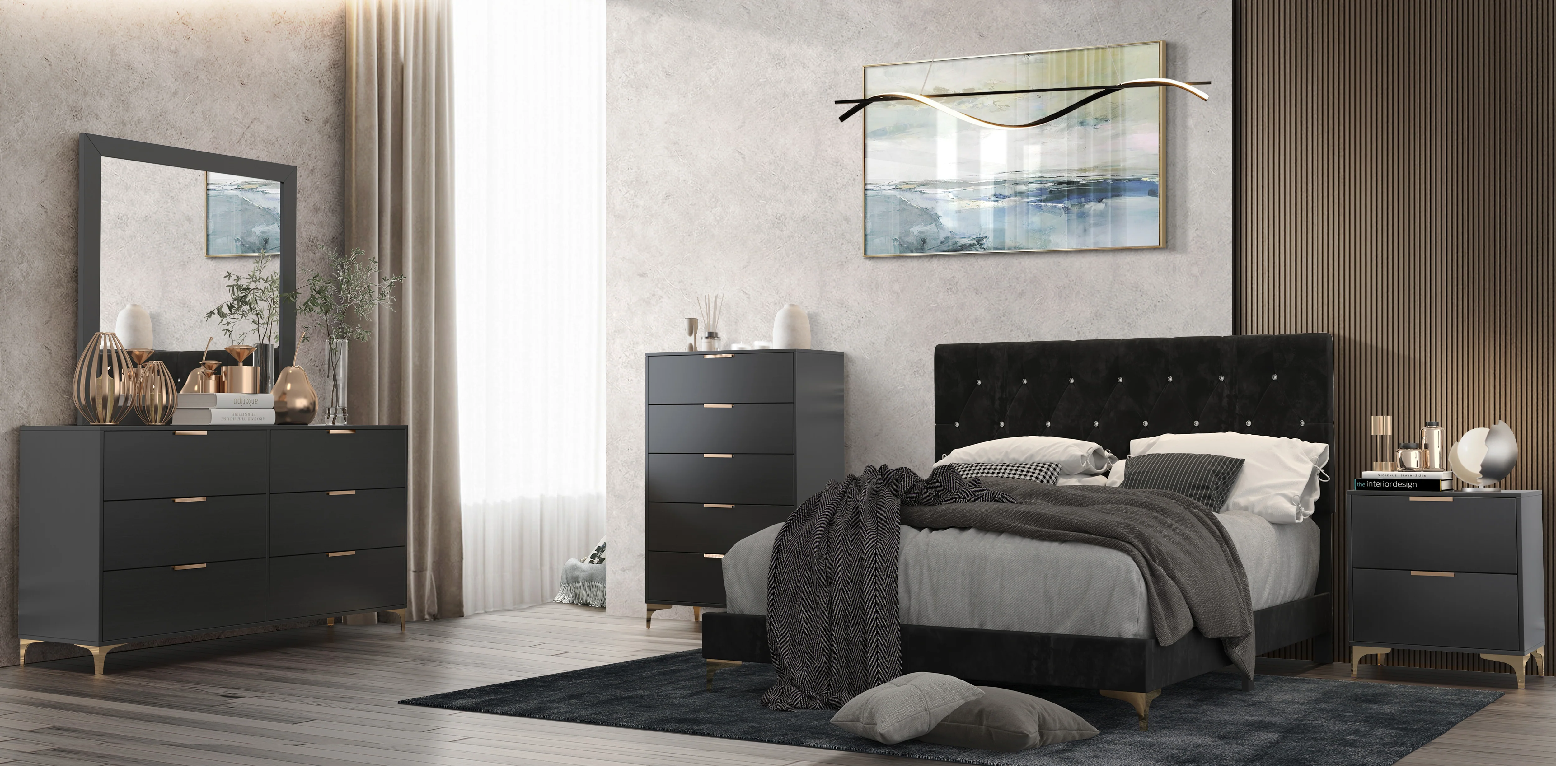 Black Modern Glam 5-Drawer Chest with Gold Accents