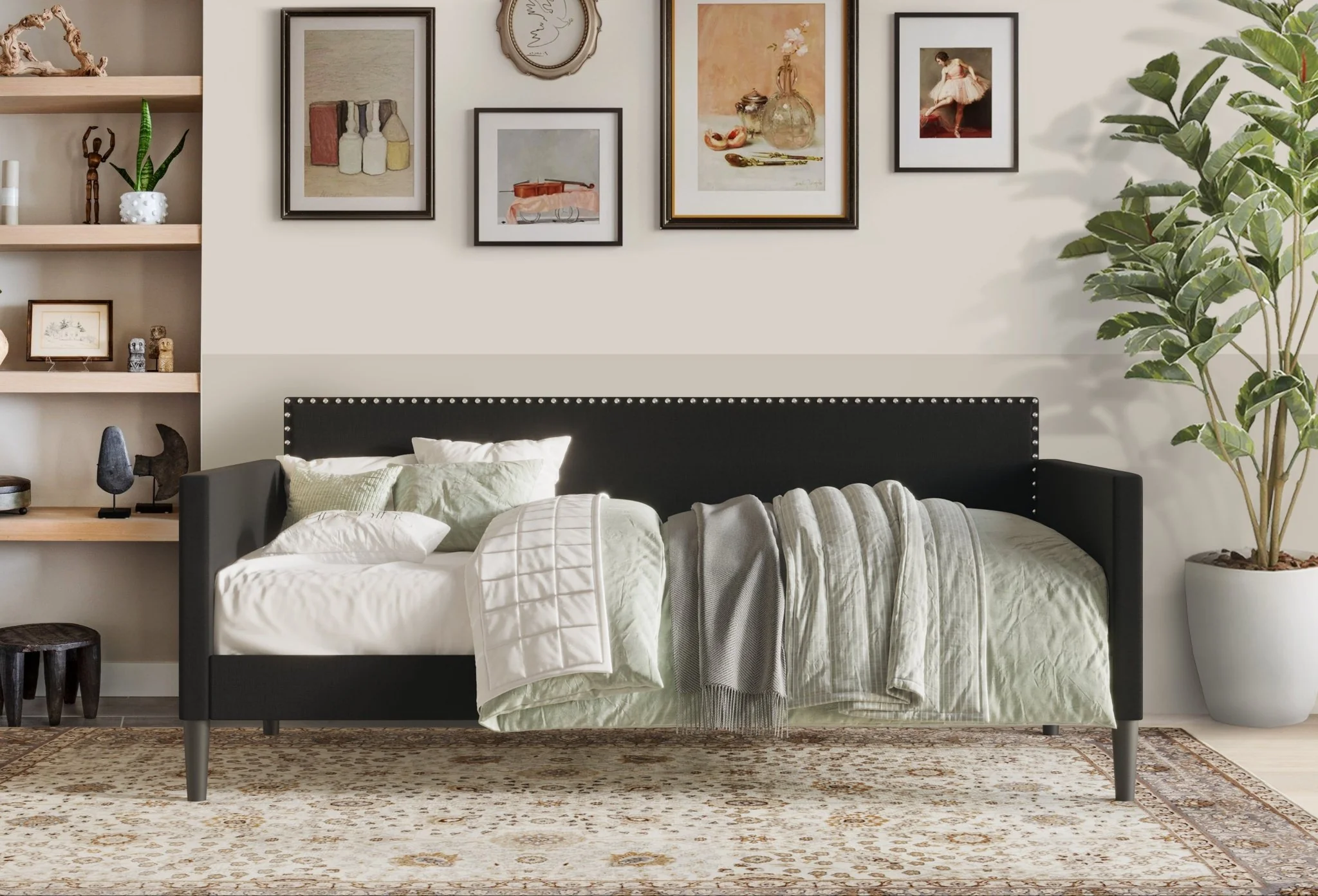 Black Upholstered Twin Daybed with Nailhead Trim