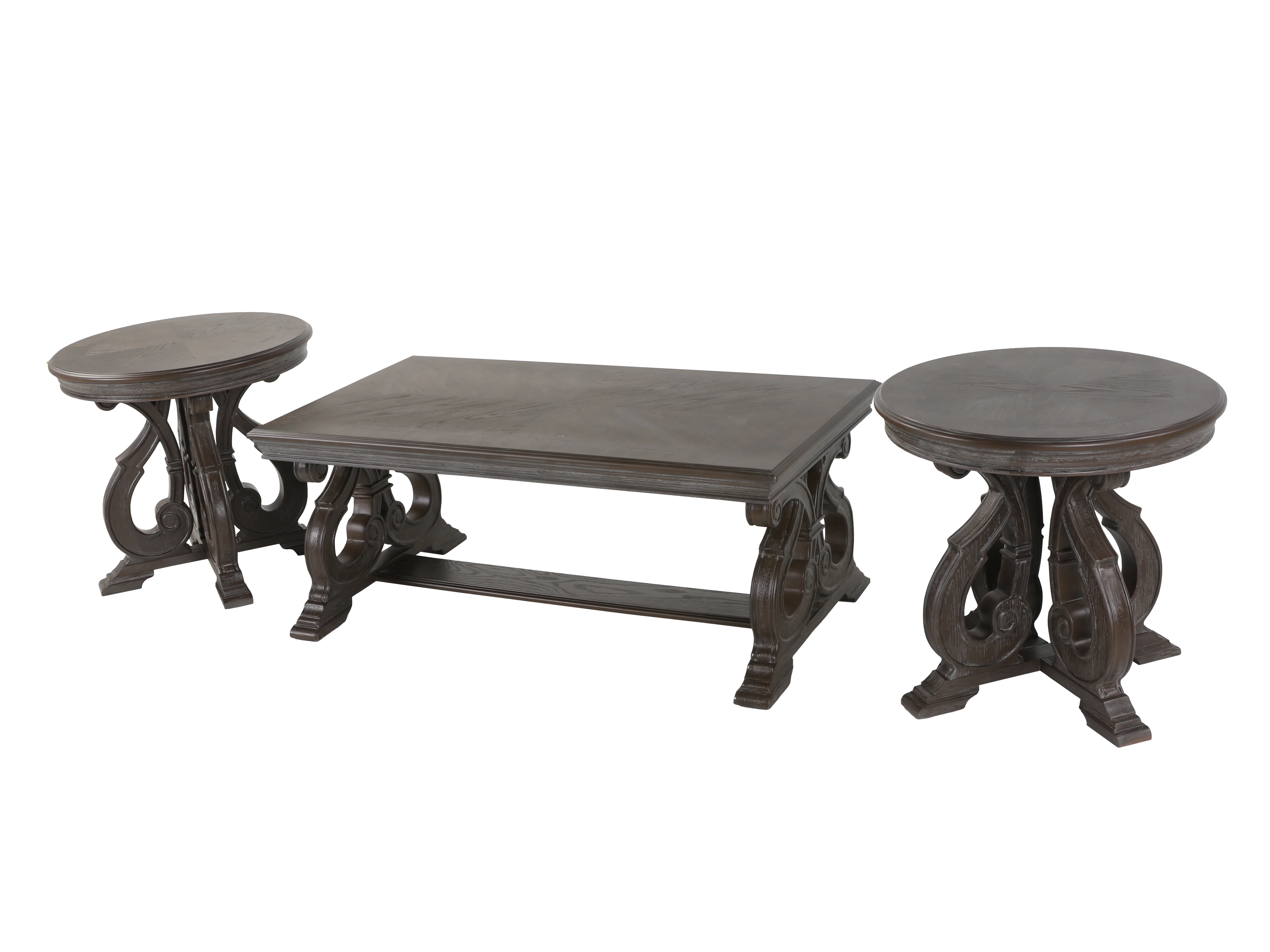 Reclaimed Grey Oak Scroll-Base 3-Piece Coffee Table Set
