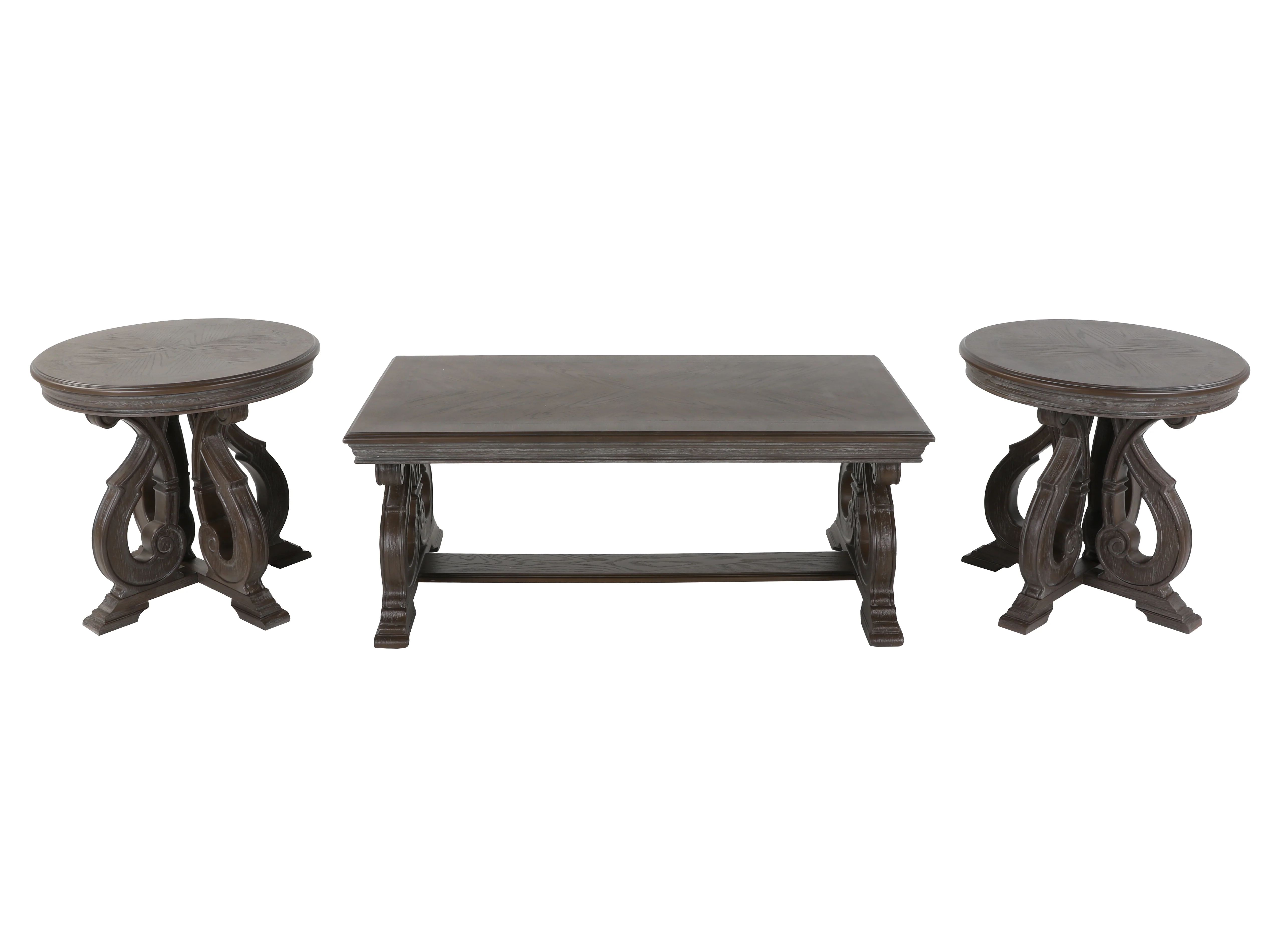 Reclaimed Grey Oak Scroll-Base 3-Piece Coffee Table Set