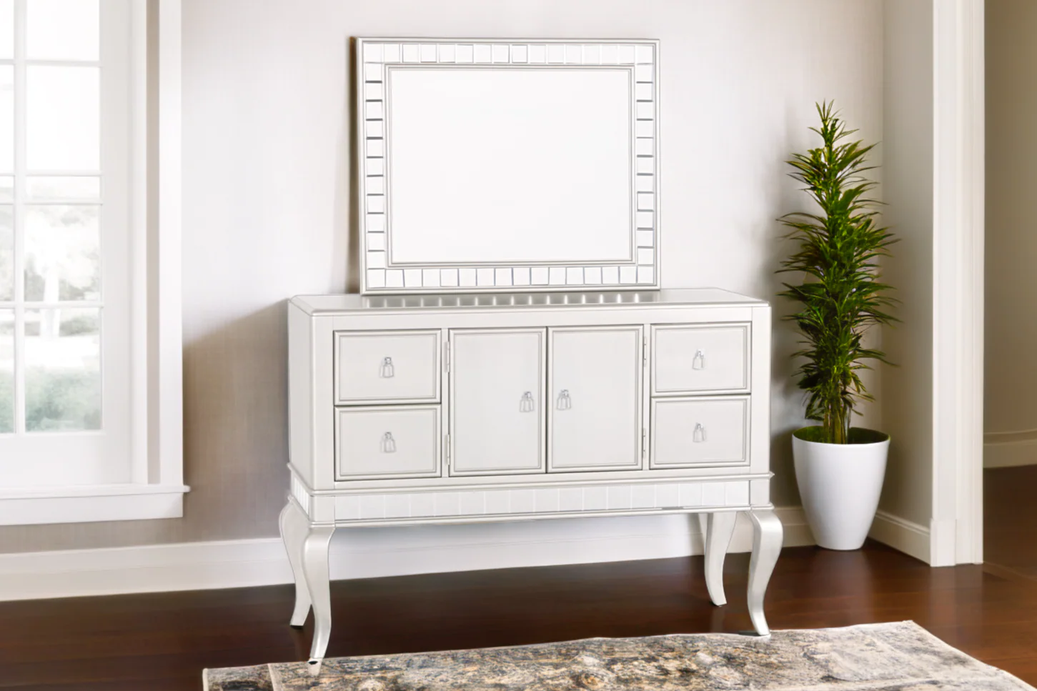 Glam Silver Buffet Server with Mirror and Storage