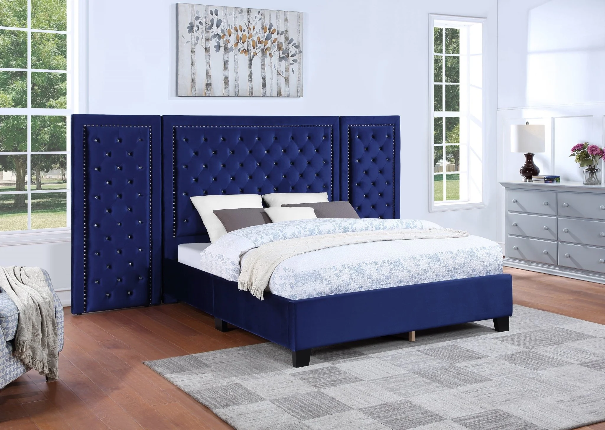 2685-blue-glam-upholstered-bed-with-tufted-panel-headboard-1.webp Blue Glam Upholstered Bed with Tufted Panel Headboard