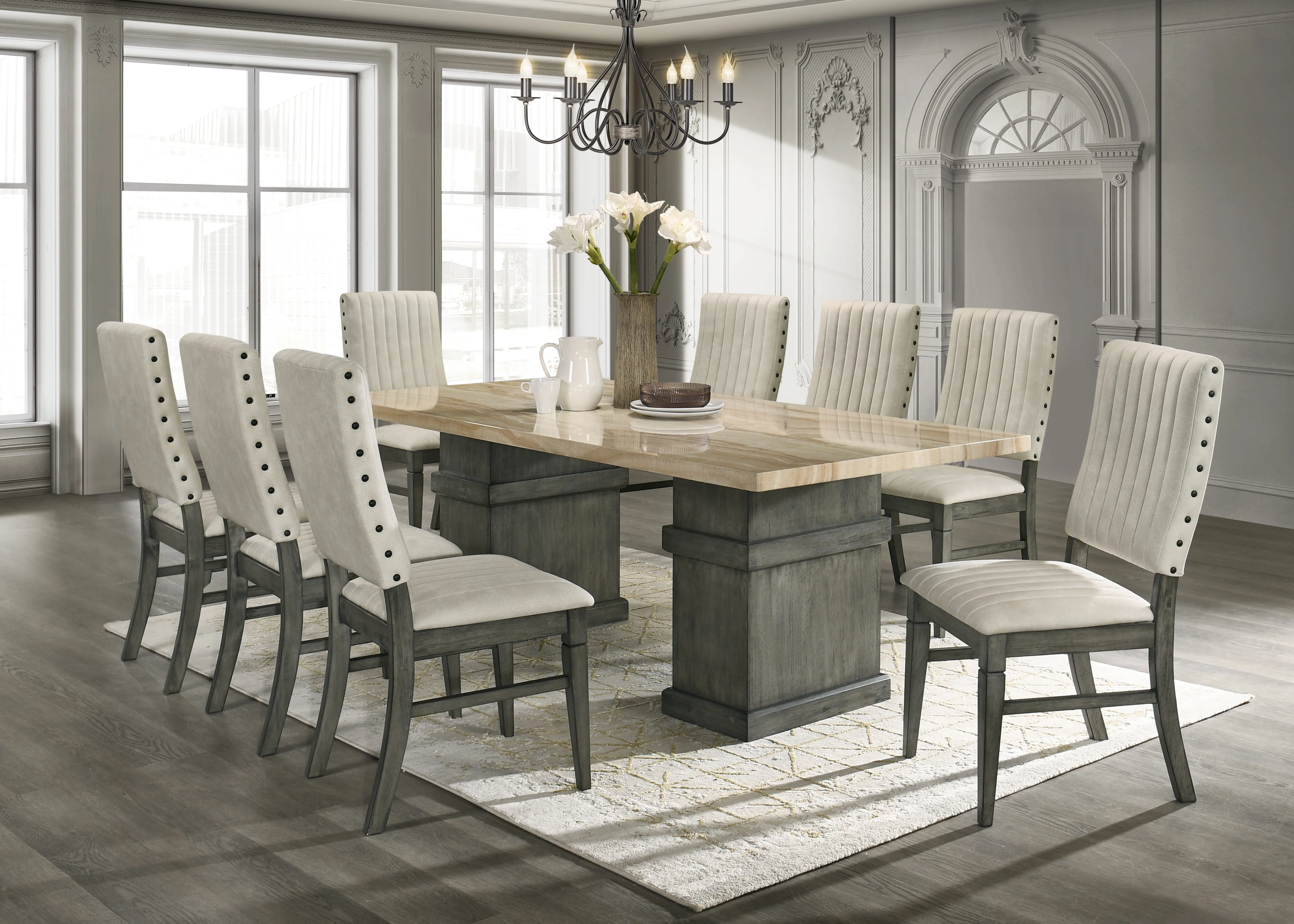 Transitional 9 Piece Dining Set with Upholstered Nailhead Chairs (Grey/Beige)