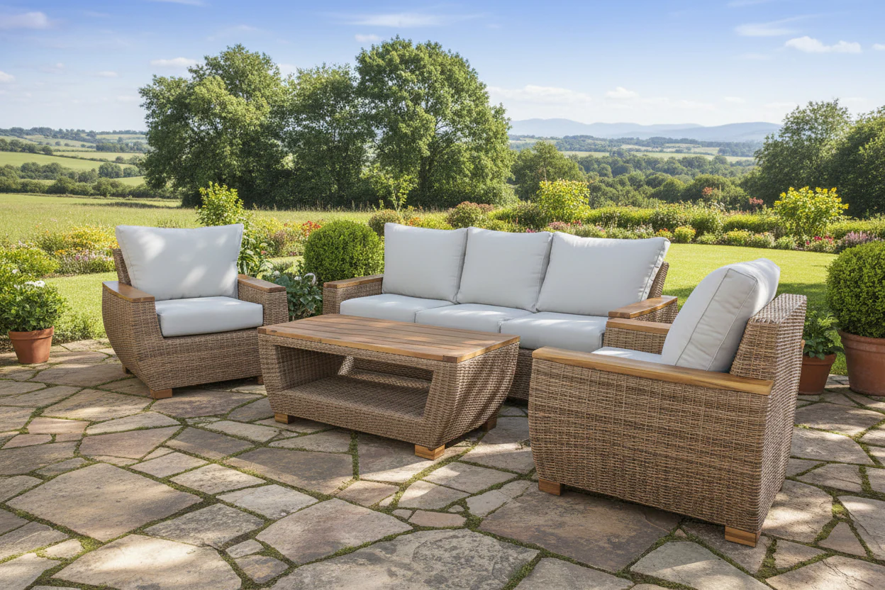 5-Piece Wicker Outdoor Conversation Set with Acacia Coffee Table – Cream Cushions