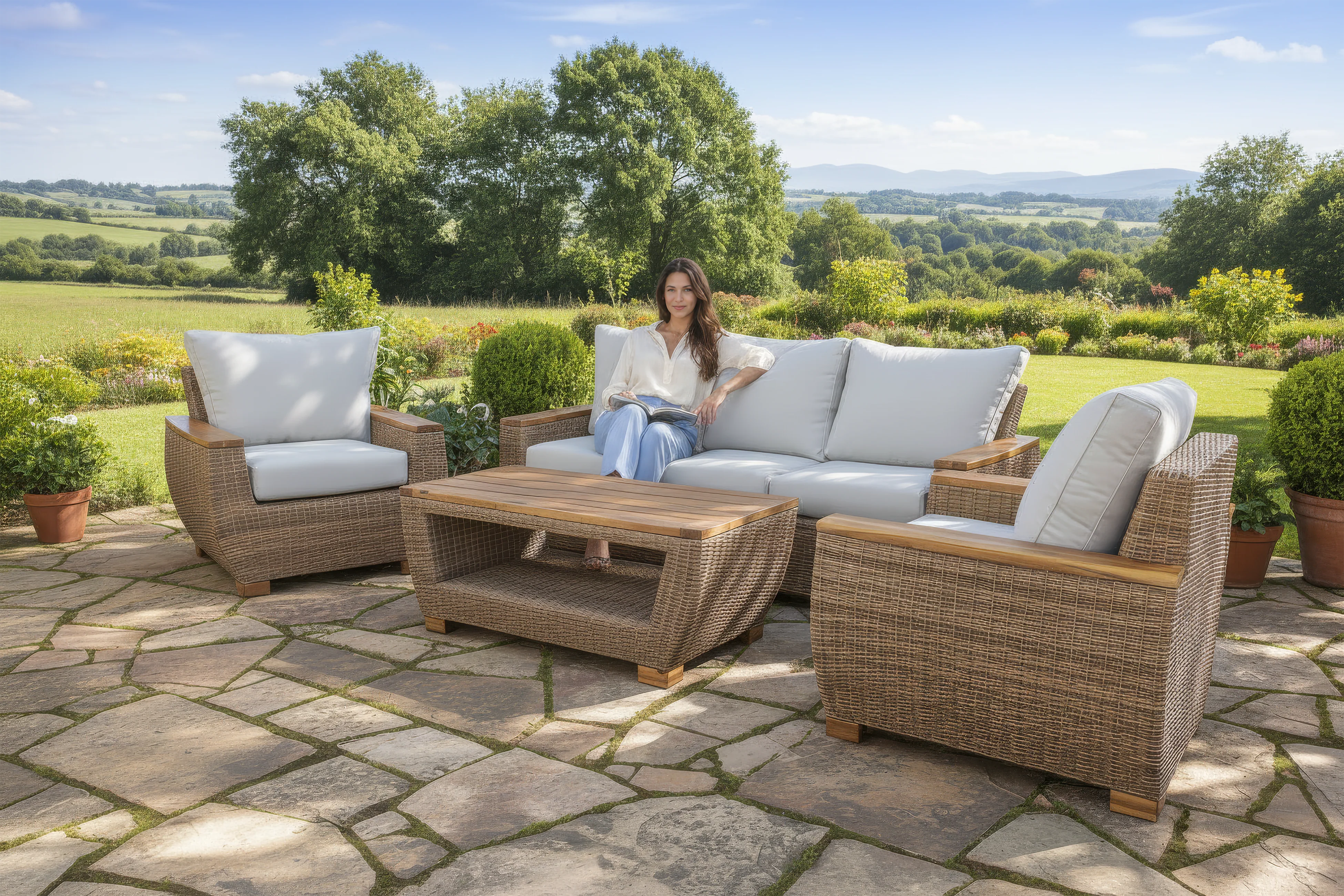 5-Piece Wicker Outdoor Conversation Set with Acacia Coffee Table – Cream Cushions