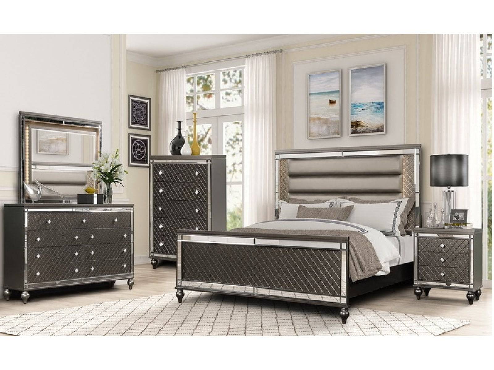 Glam Mirrored 6-Piece Bedroom Set (Bed, Dresser, Mirror & Nightstand)