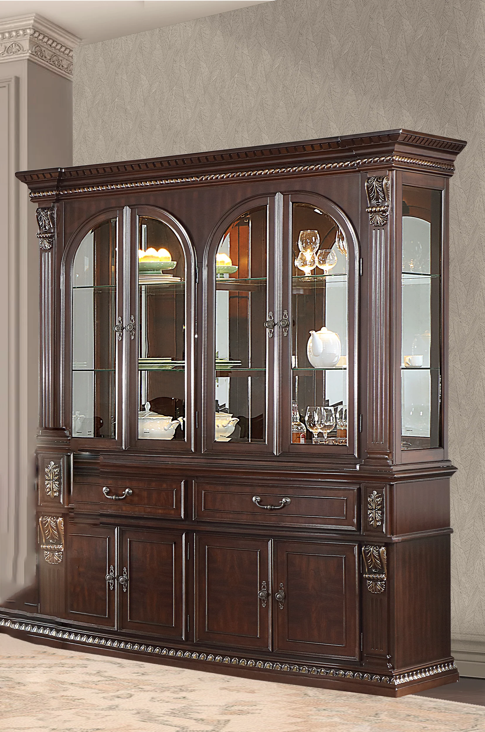 Traditional Dark Cherry Buffet & Hutch China Cabinet
