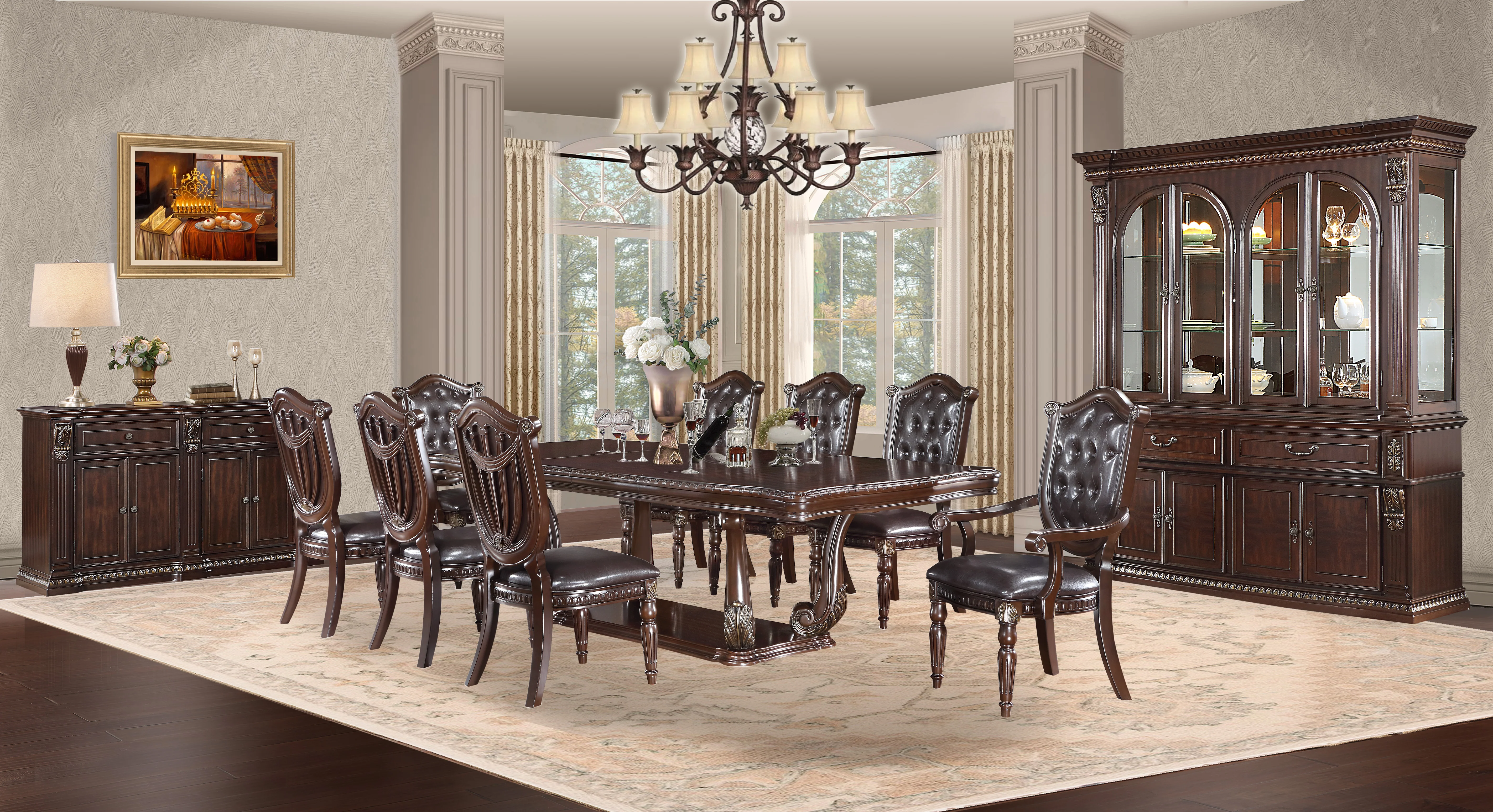 Traditional Dark Cherry Buffet & Hutch China Cabinet