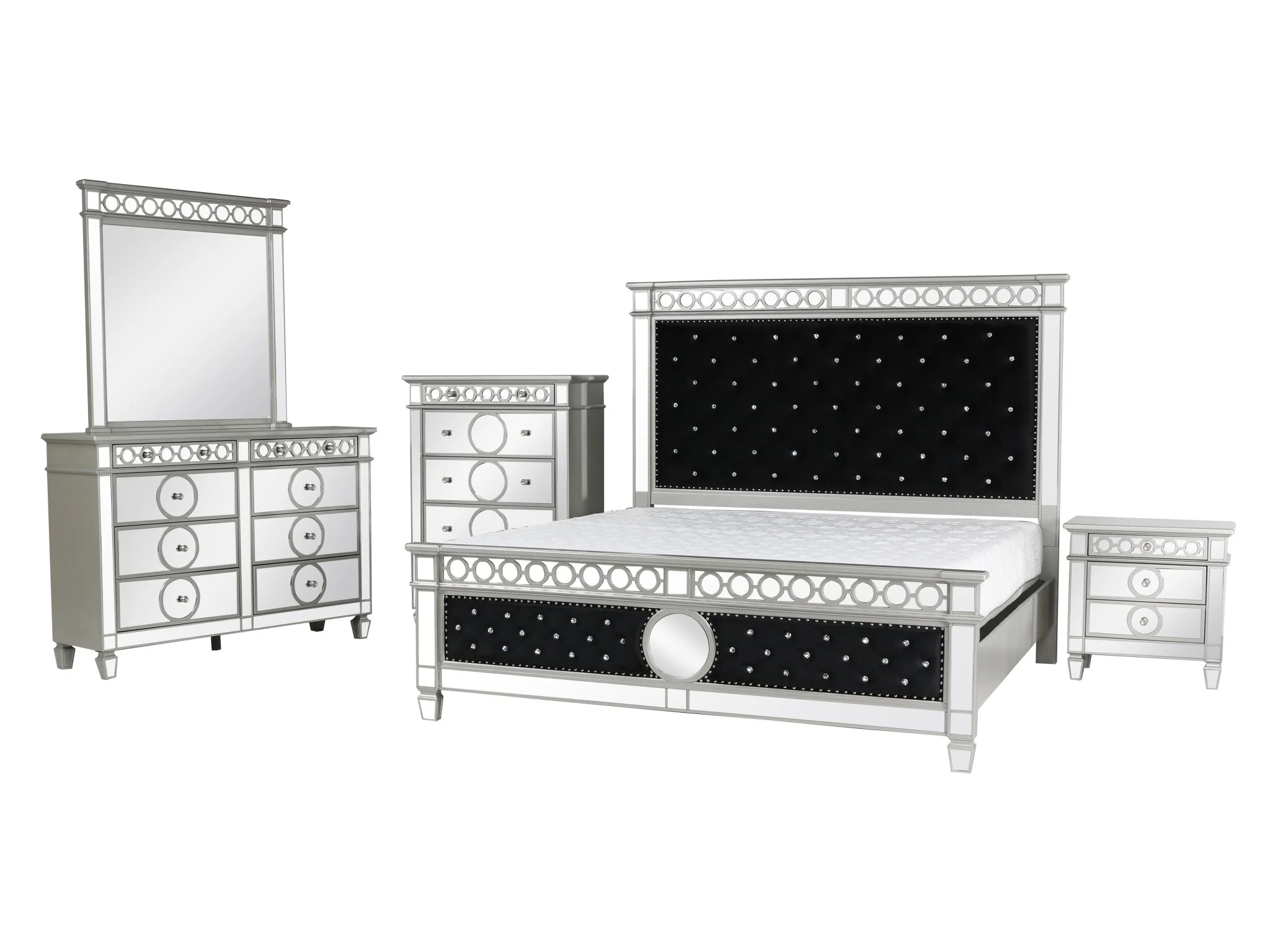 Black Mirrored 6-Piece King Bedroom Set with Crystal-Tufted Headboard