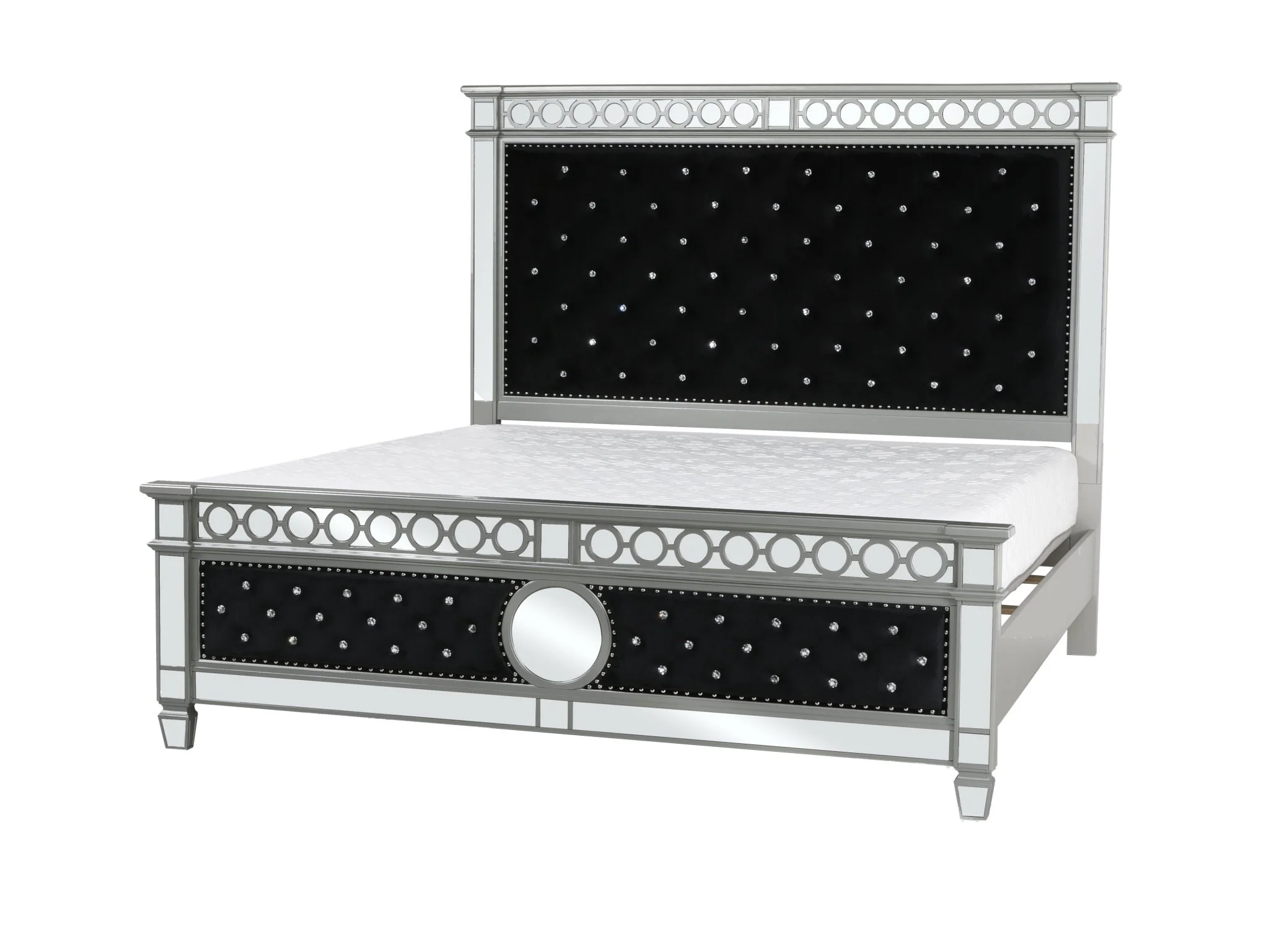 Black Mirrored 6-Piece King Bedroom Set with Crystal-Tufted Headboard