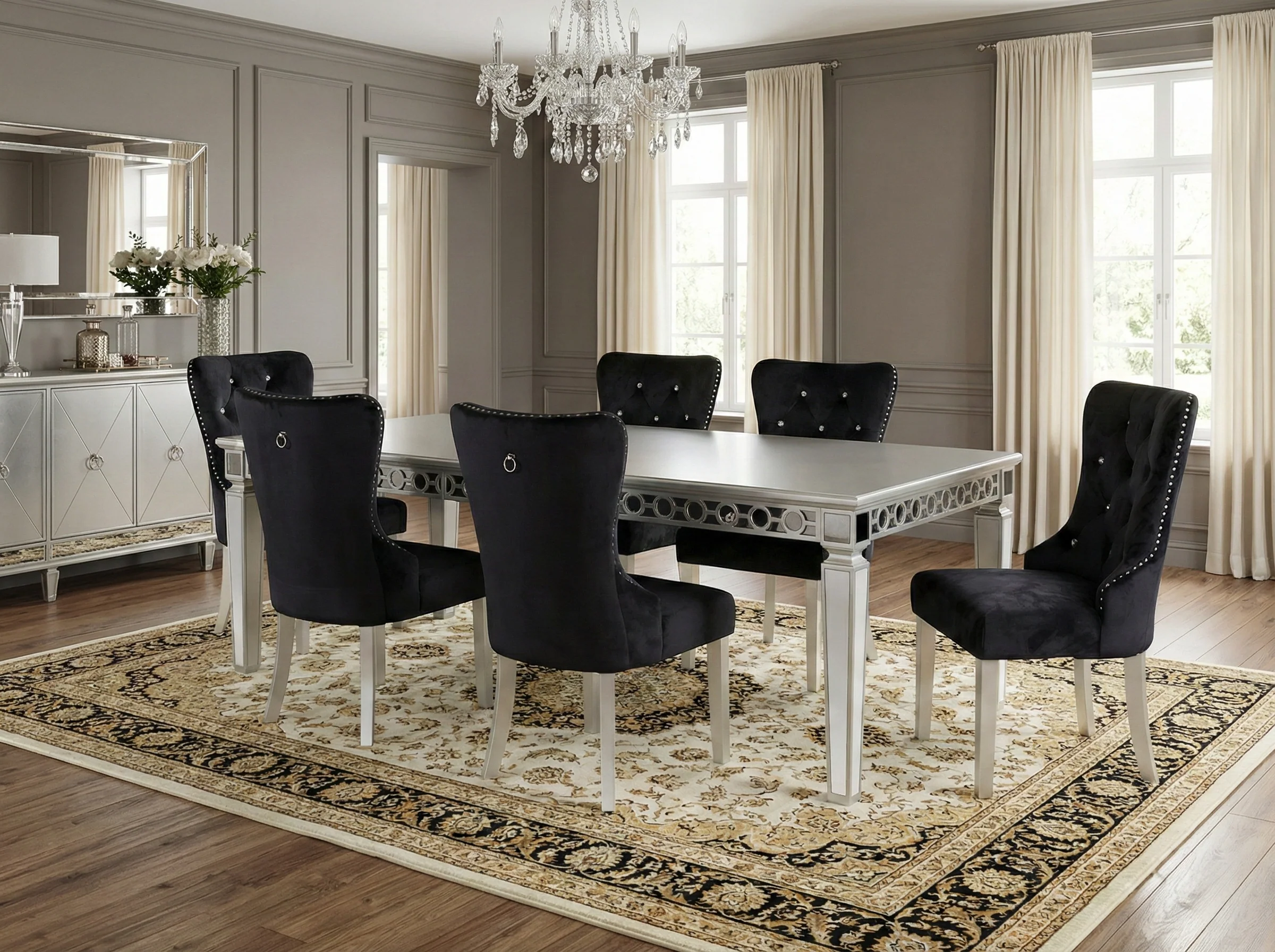 2709-glam-7-piece-silver-dining-set-with-mirror-trim-table-black-velvet-tufted-chairs-1.webp Glam 7-Piece Silver Dining Set with Mirror-Trim Table & Black Velvet Tufted Chairs