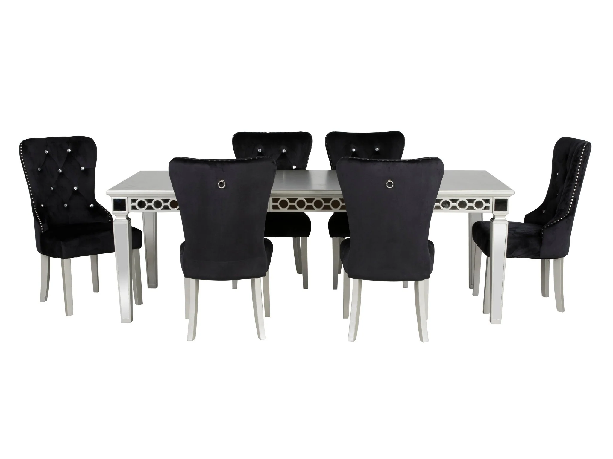 Glam 7-Piece Silver Dining Set with Mirror-Trim Table & Black Velvet Tufted Chairs