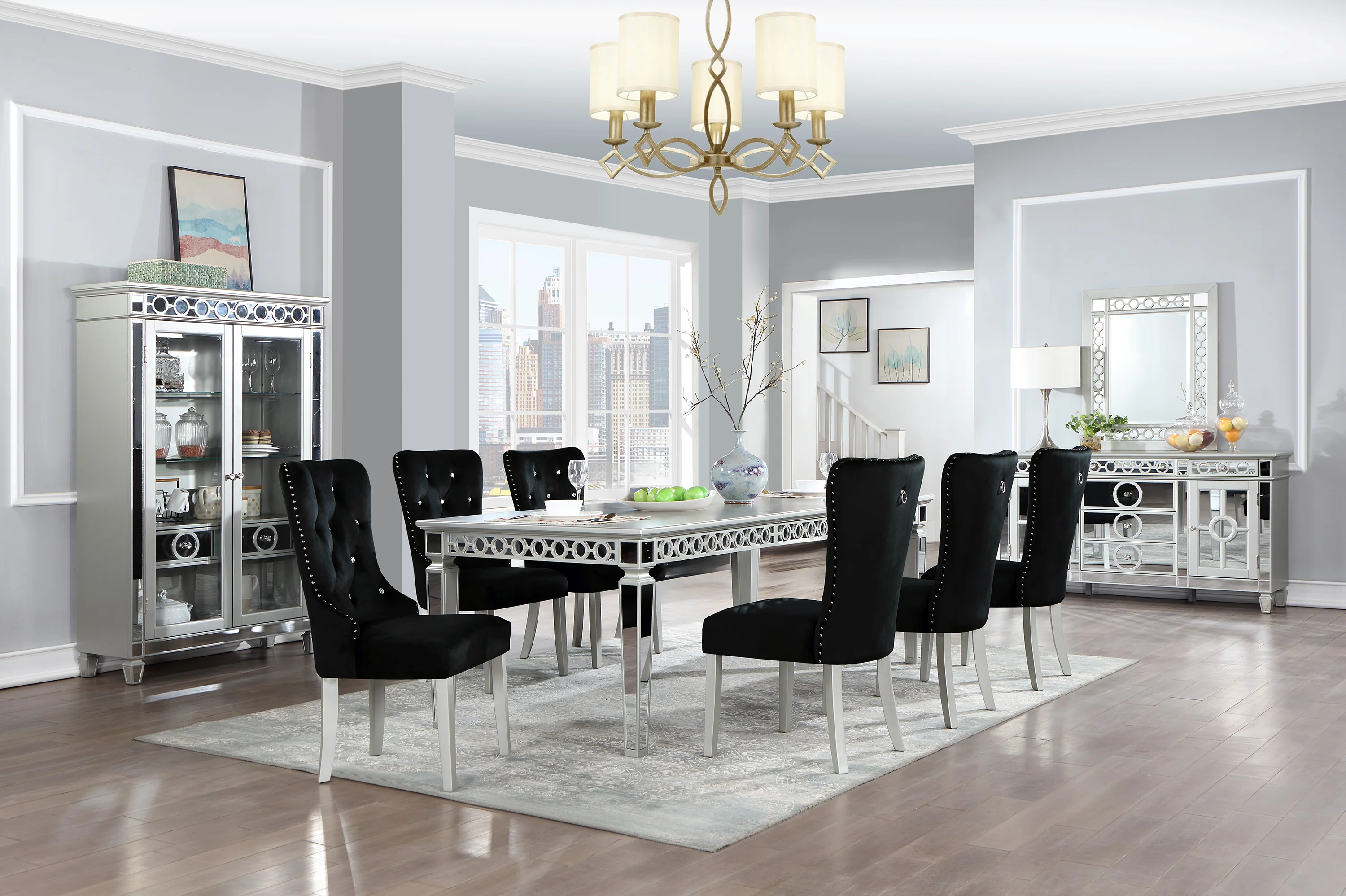 Glam 7-Piece Silver Dining Set with Mirror-Trim Table & Black Velvet Tufted Chairs