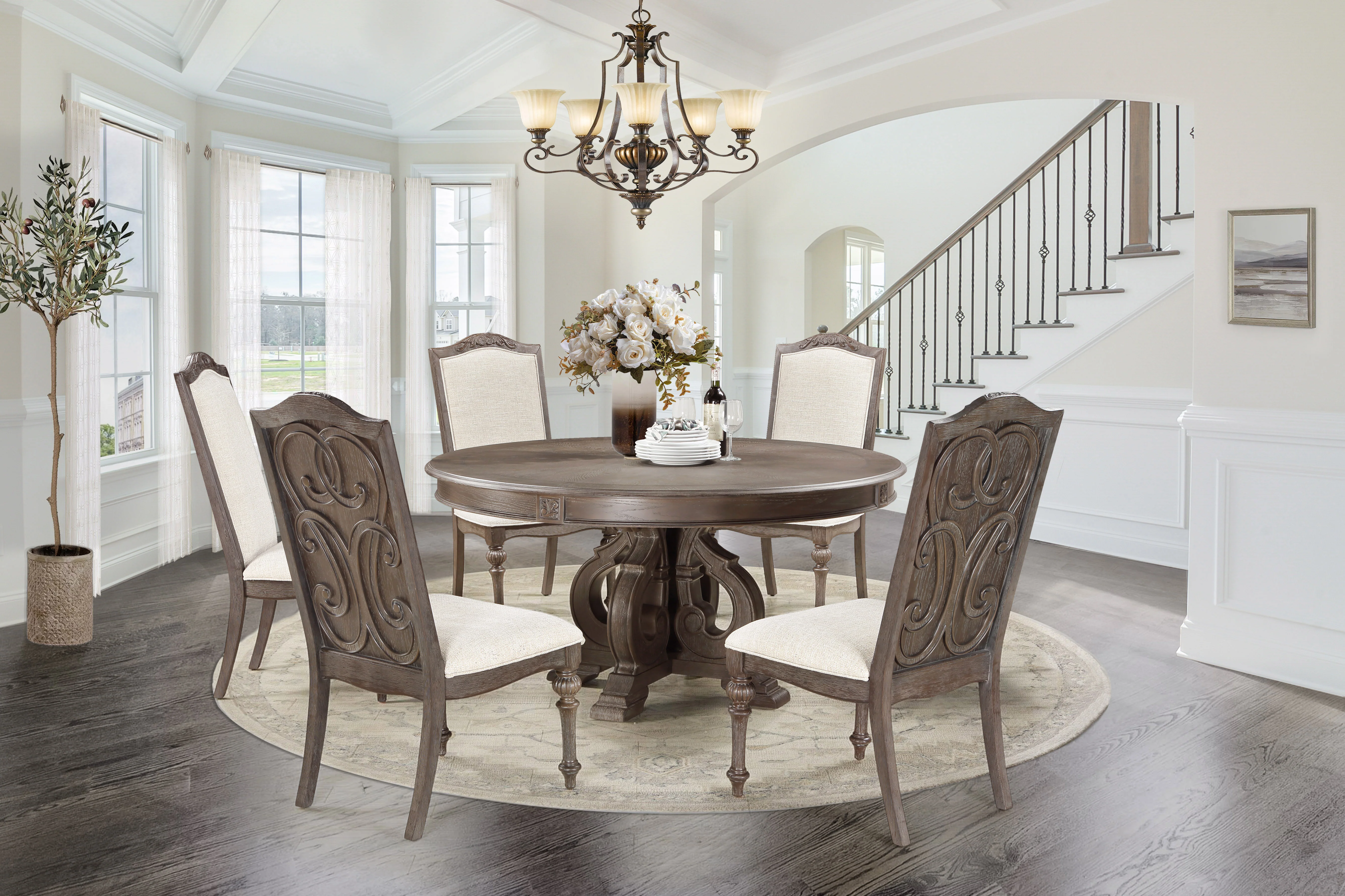 Reclaimed Grey Oak Round Pedestal 6-Piece Dining Set
