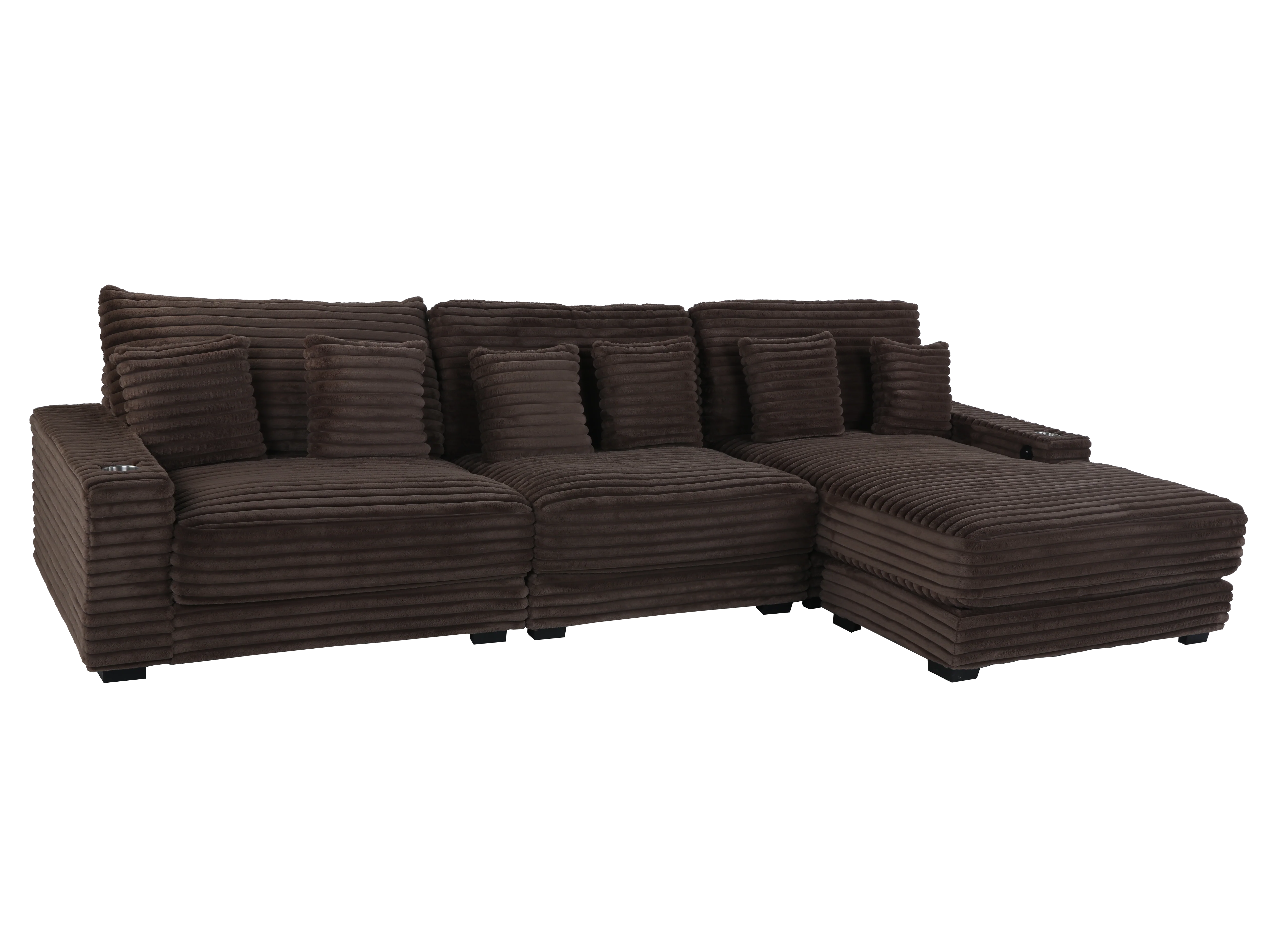 Brown Corduroy Sectional Sofa with Chaise Lounge & Pillows