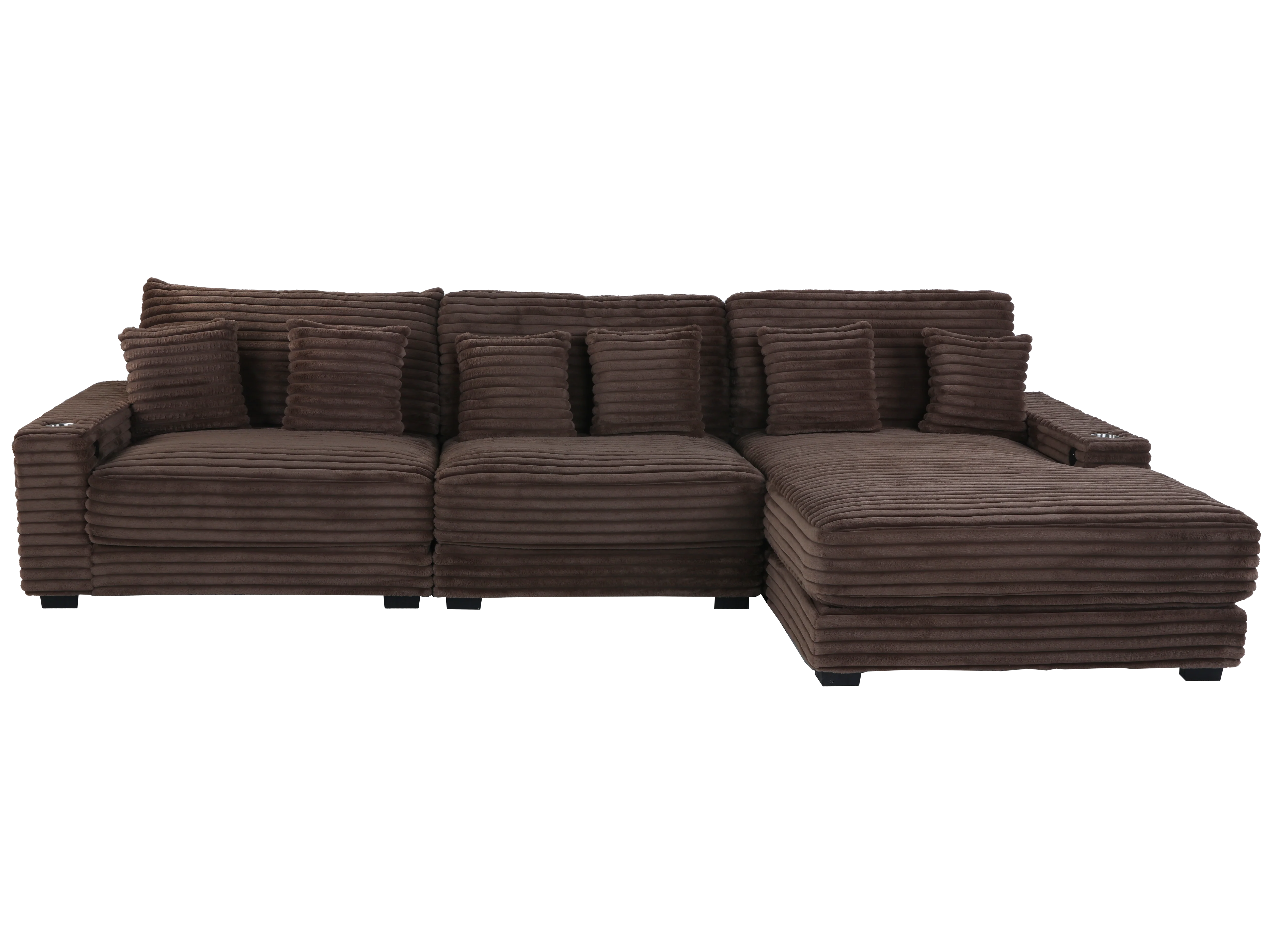 Brown Corduroy Sectional Sofa with Chaise Lounge & Pillows