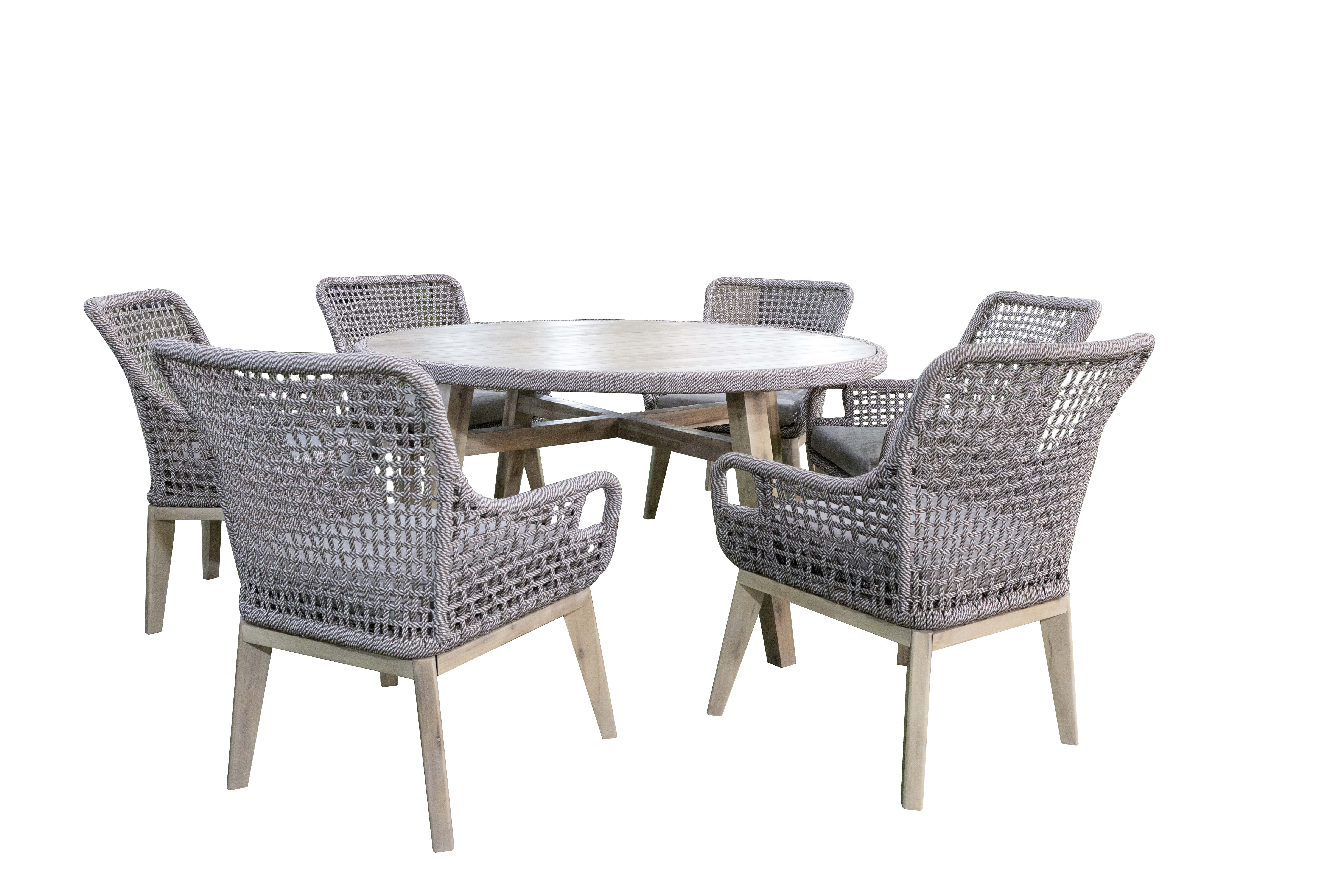 7-Piece Gray Wicker Outdoor Dining Set with Round Wooden Table