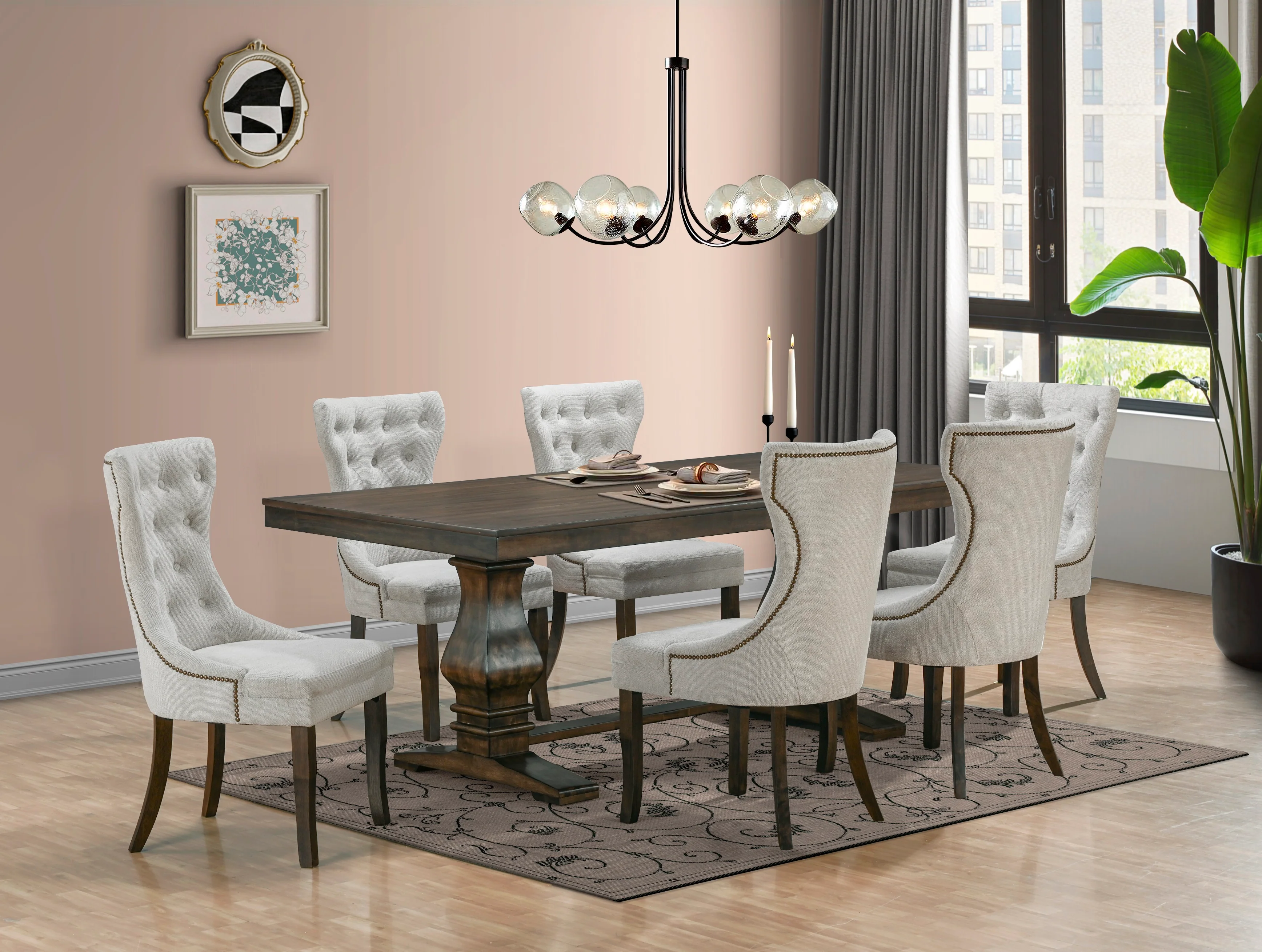 78" Rustic Brown 7-Piece Trestle Dining Set with Tufted Pearl Chairs