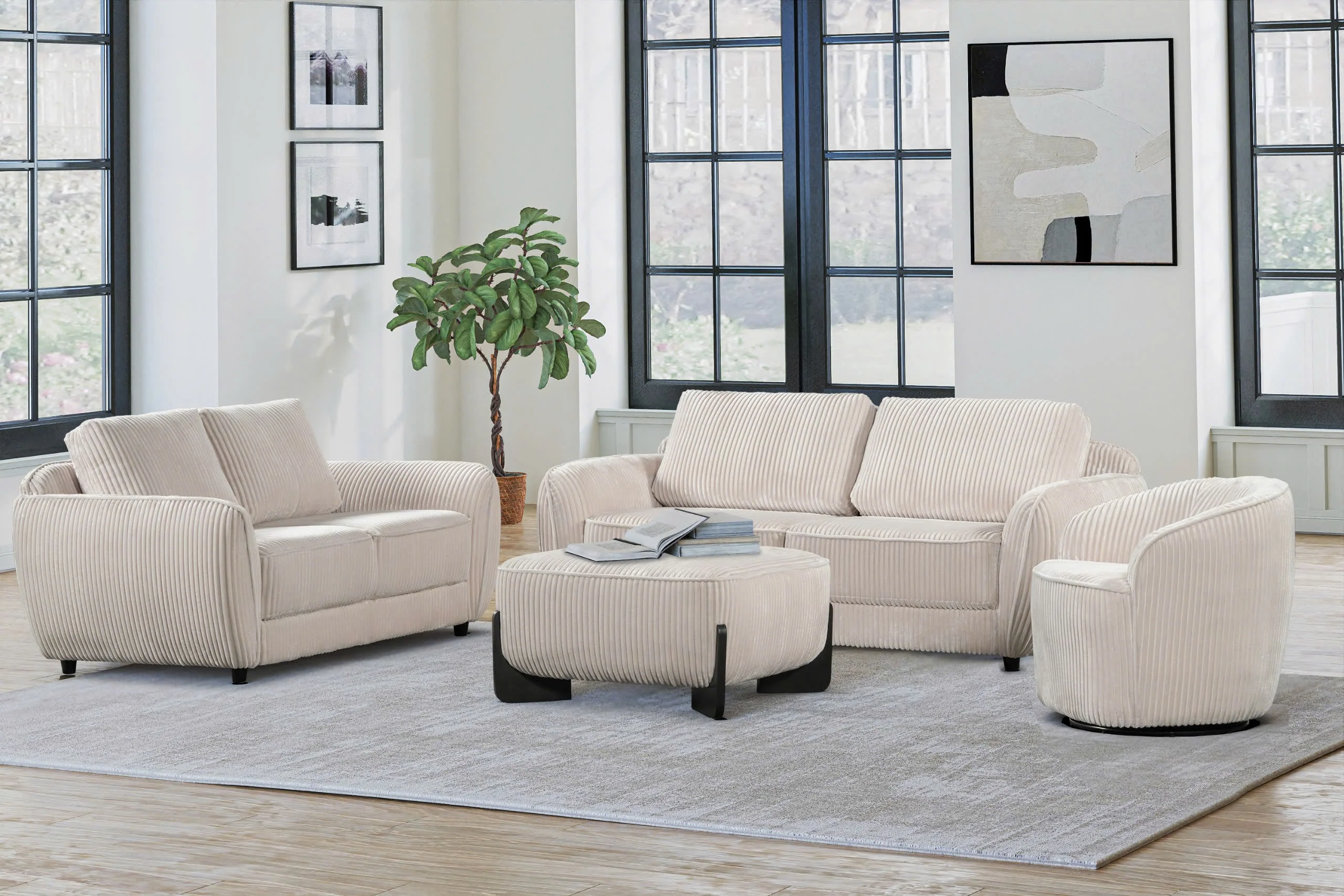 Beige Corduroy 4-Piece Living Room Set (Sofa, Loveseat, Chair & Ottoman)