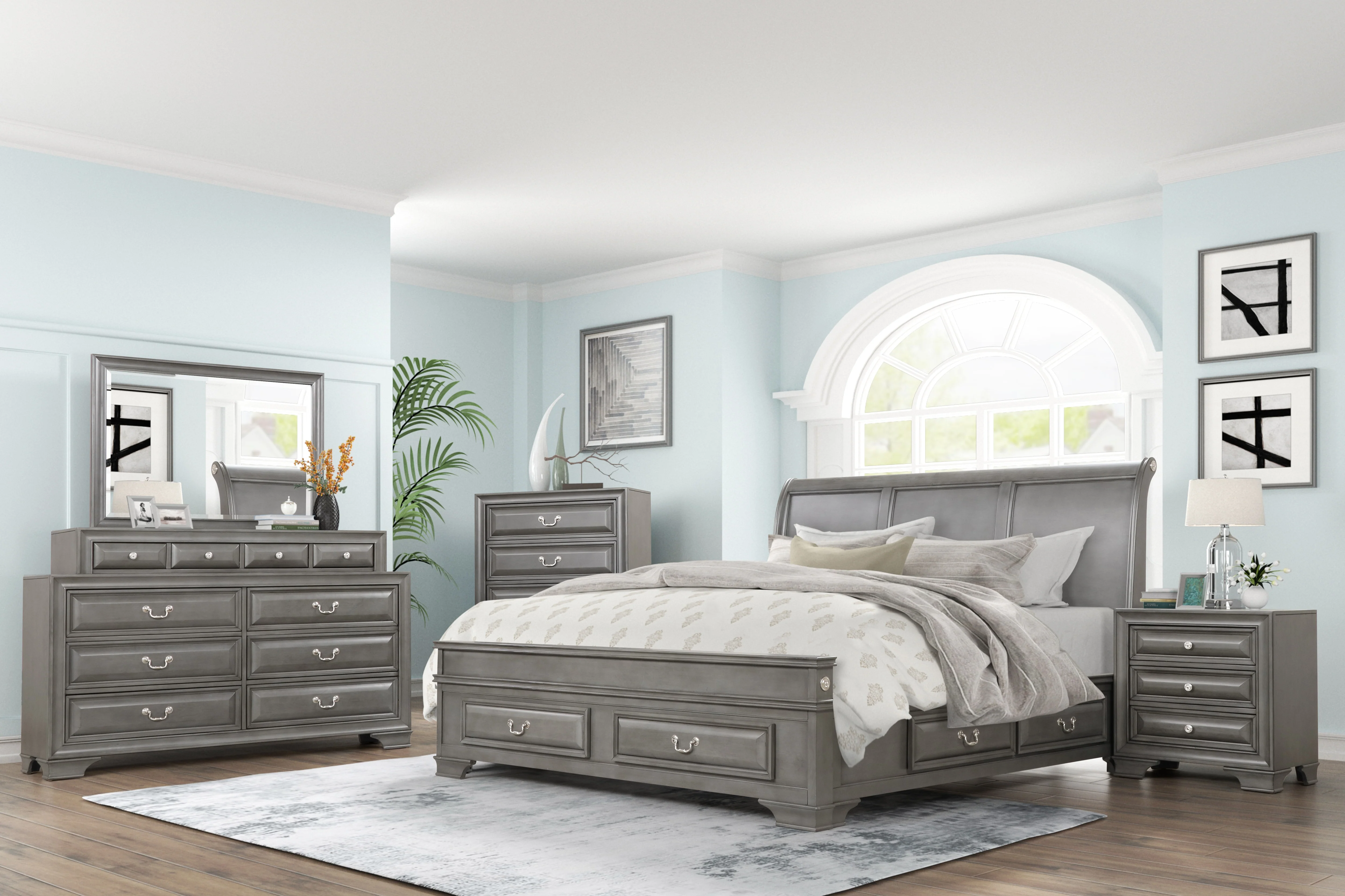 Transitional Gray Storage 6-Piece Bedroom Set with Sleigh Bed, Dresser, Mirror & Nightstand