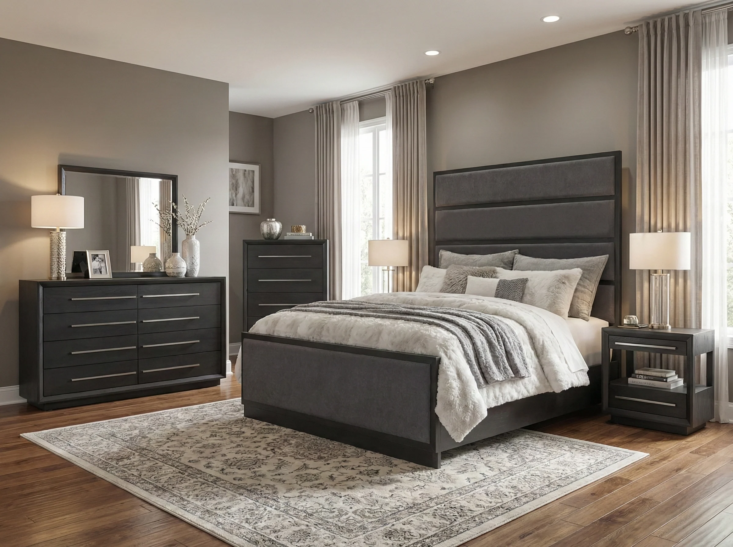 Durango Sofia Grey & Rush Pewter Upholstered Panel 6 Piece Bedroom Set
