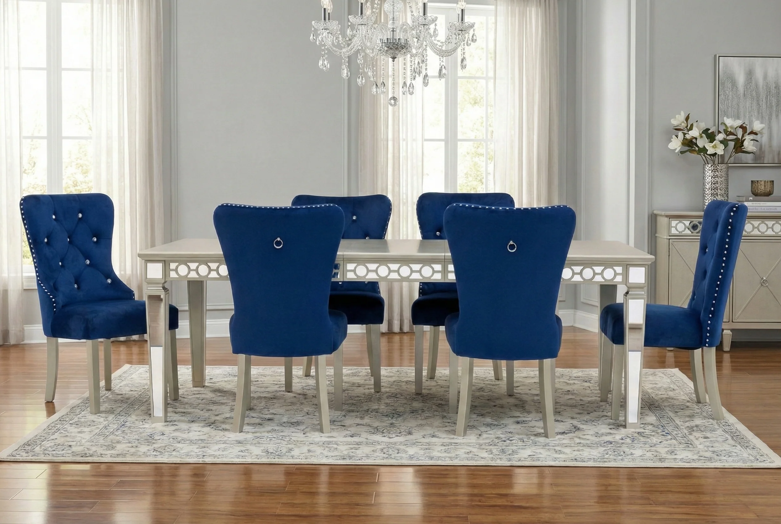 2771-glam-7-piece-dining-set-with-silver-table-blue-velvet-tufted-chairs-1.webp Glam 7-Piece Dining Set with Silver Table & Blue Velvet Tufted Chairs