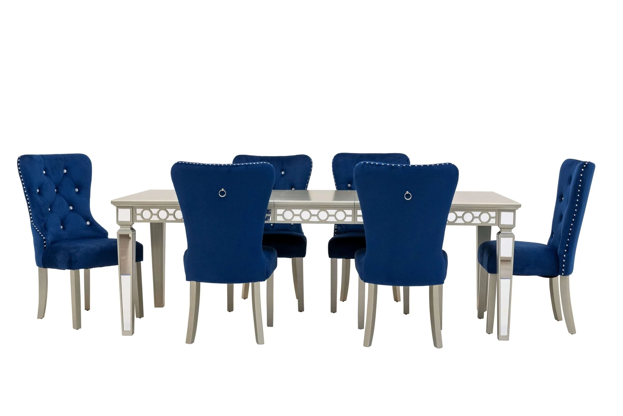 Glam 7-Piece Dining Set with Silver Table & Blue Velvet Tufted Chairs