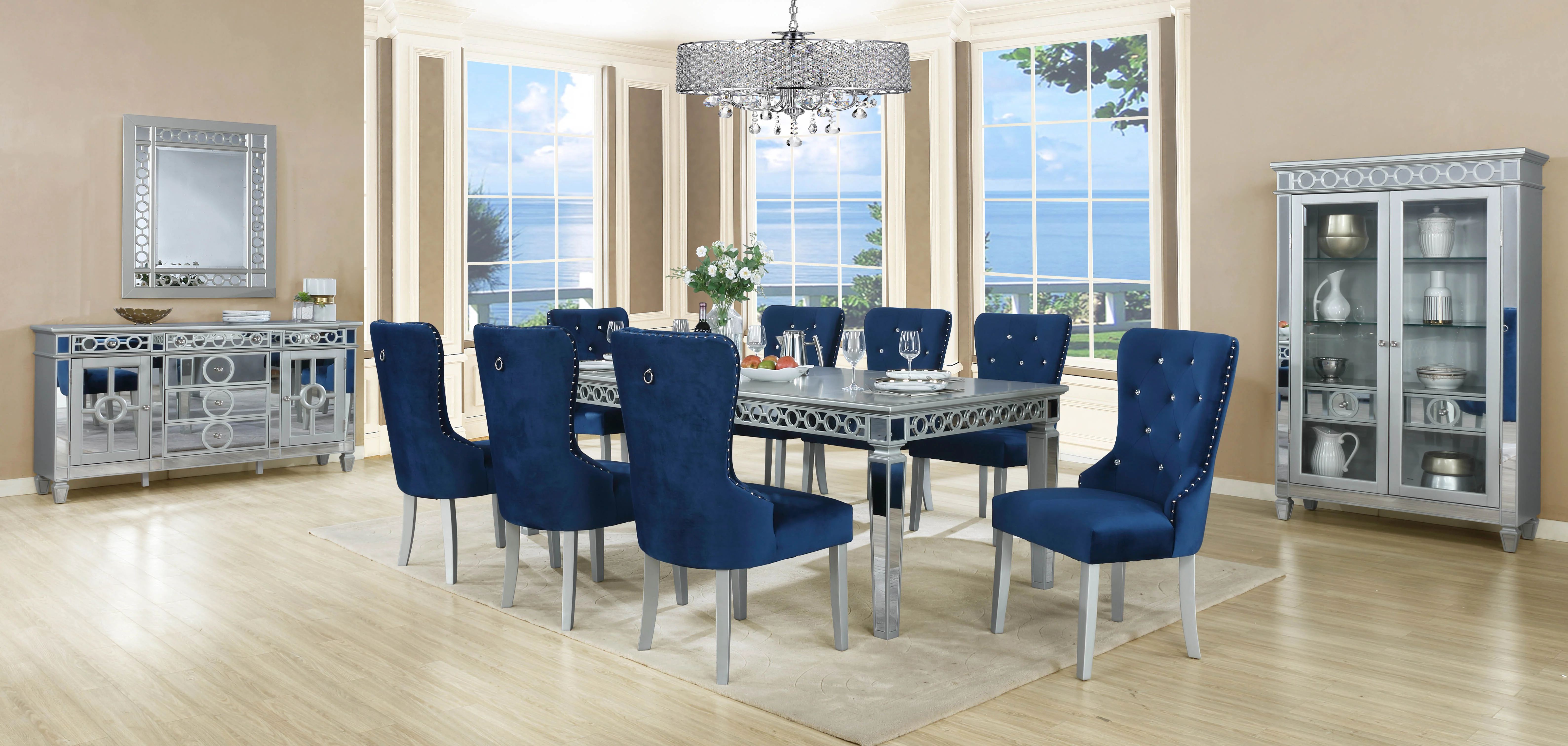 Glam 7-Piece Dining Set with Silver Table & Blue Velvet Tufted Chairs