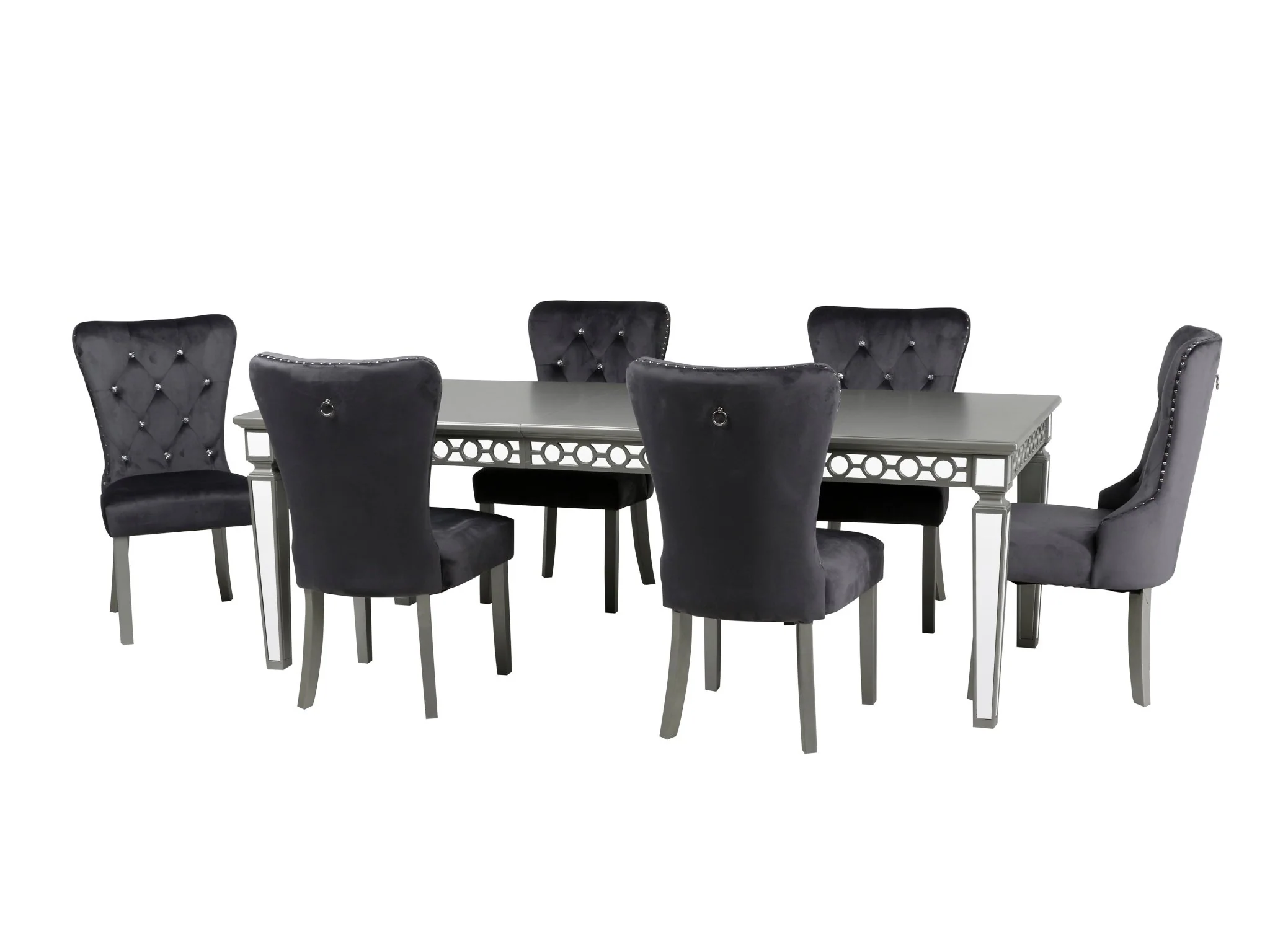 Silver Glam Extendable 7 Piece Dining Room Set with Grey Velvet Tufted Chairs