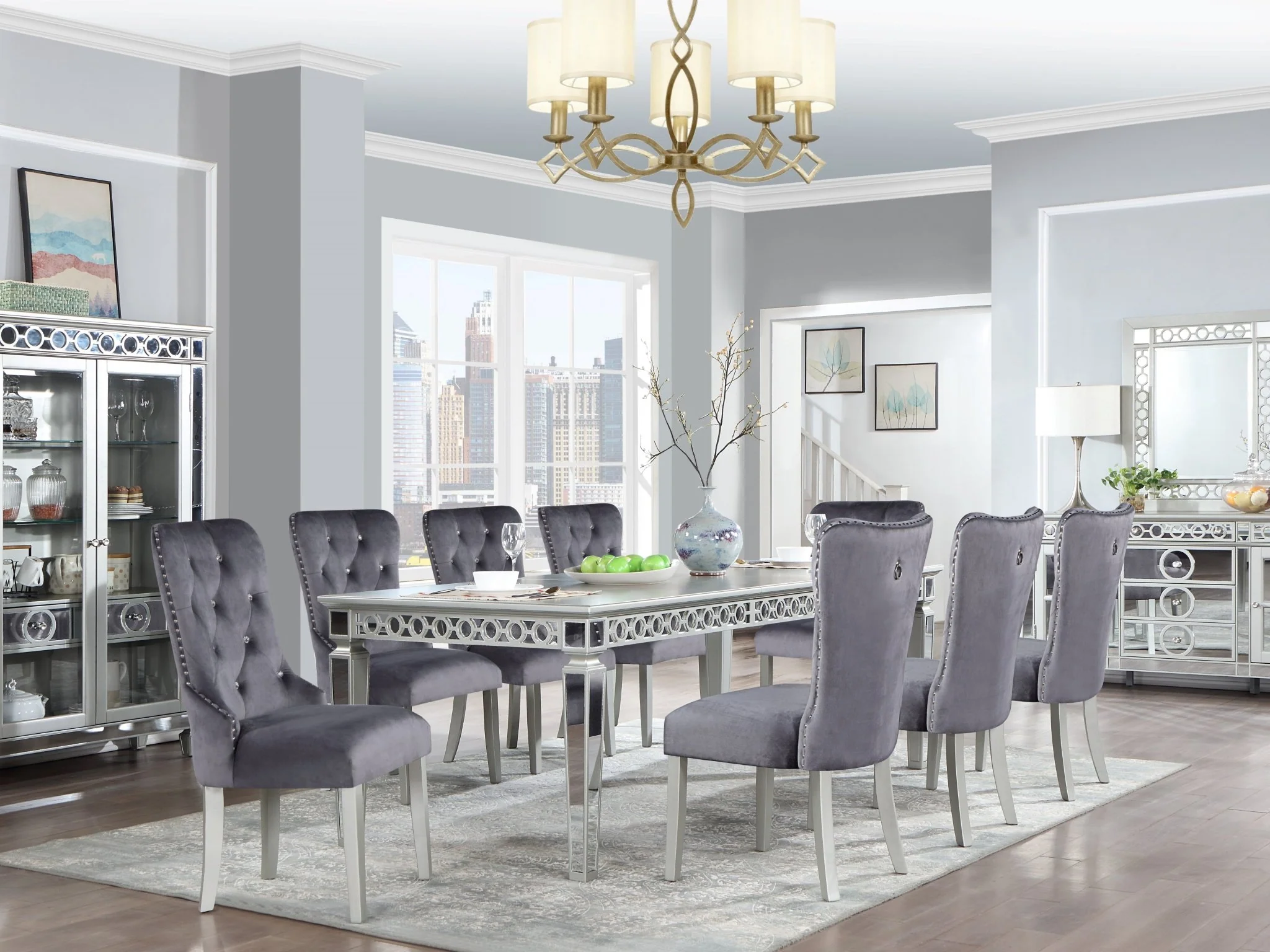 Silver Glam Extendable 7 Piece Dining Room Set with Grey Velvet Tufted Chairs