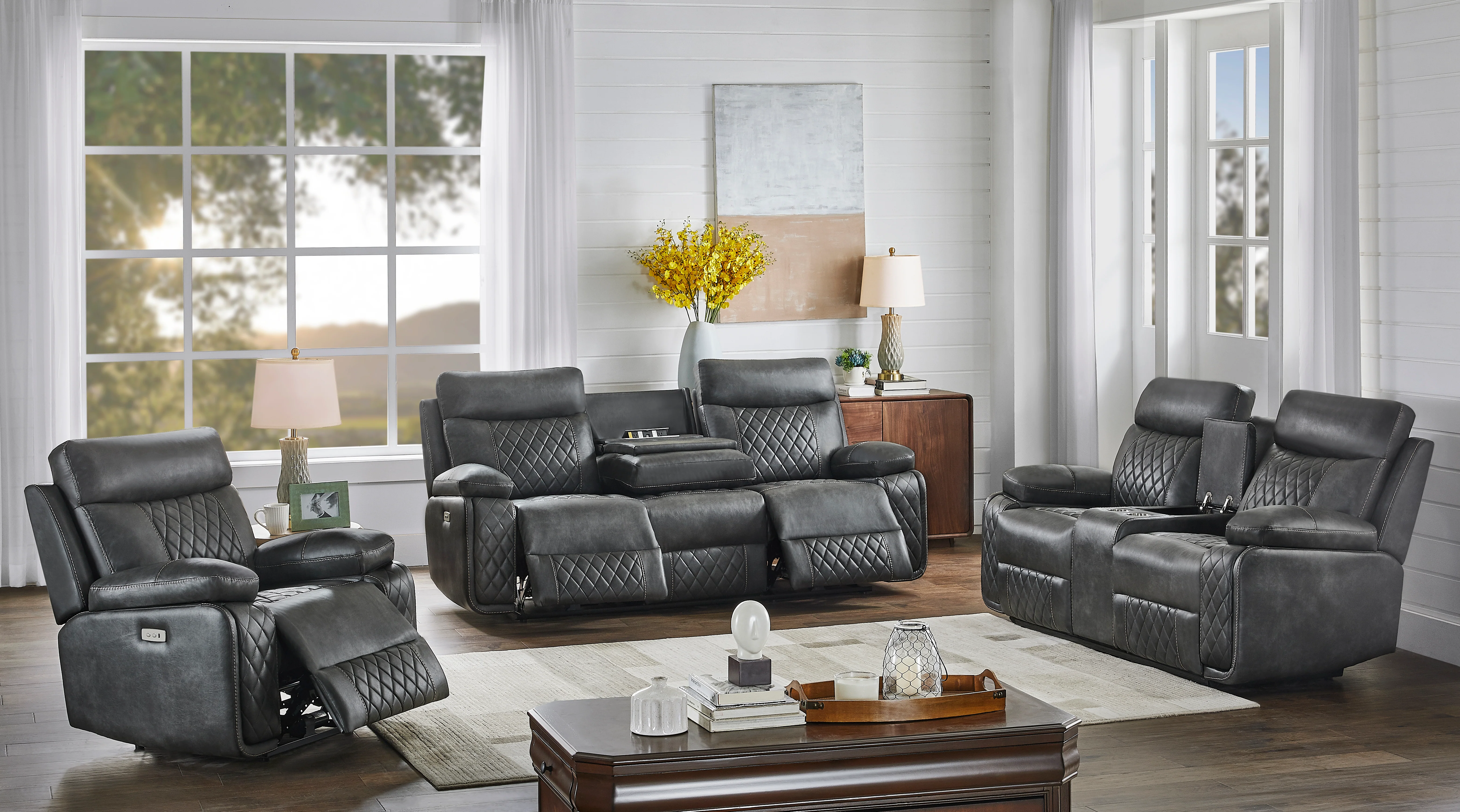 Gray Power Reclining Living Room Set with Quilted Stitching, Console Loveseat, Drop-Down Table & USB Charging