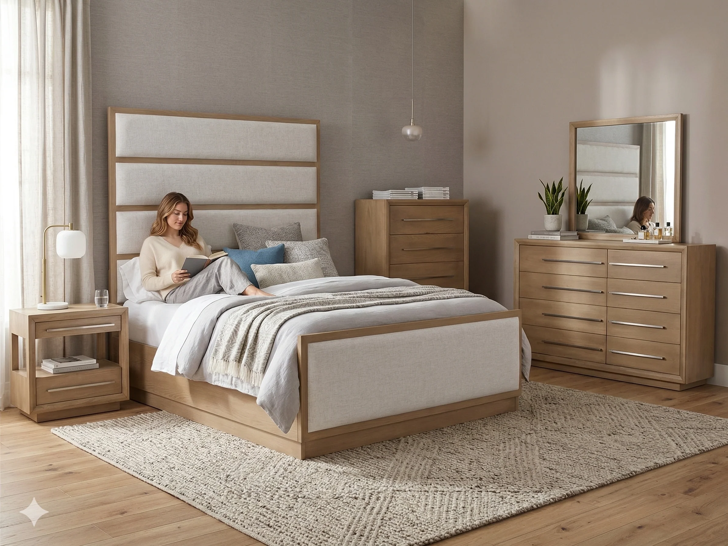 Durango Moka Wood & Natural Linen Upholstered Panel 6-Piece Bedroom Set