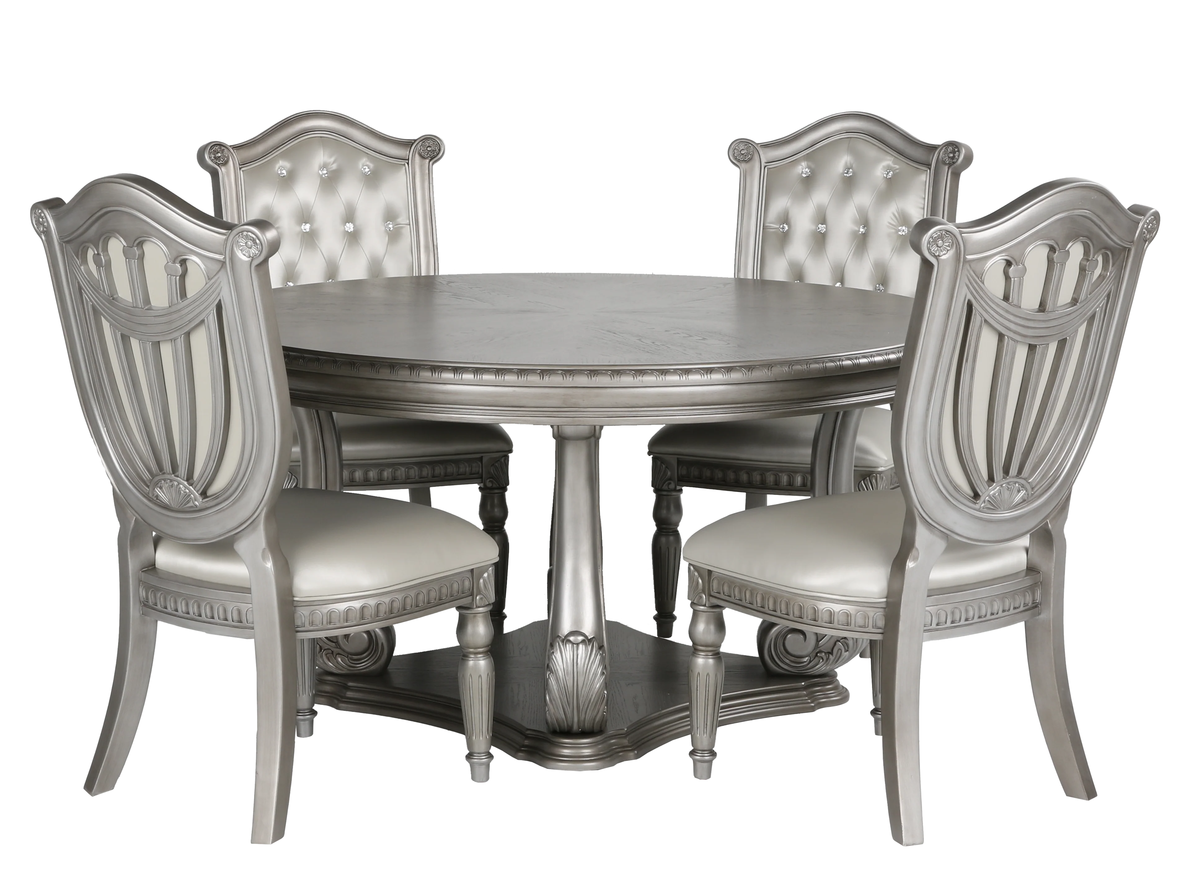 5-Piece Glam Silver Round Dining Set with Tufted Chairs