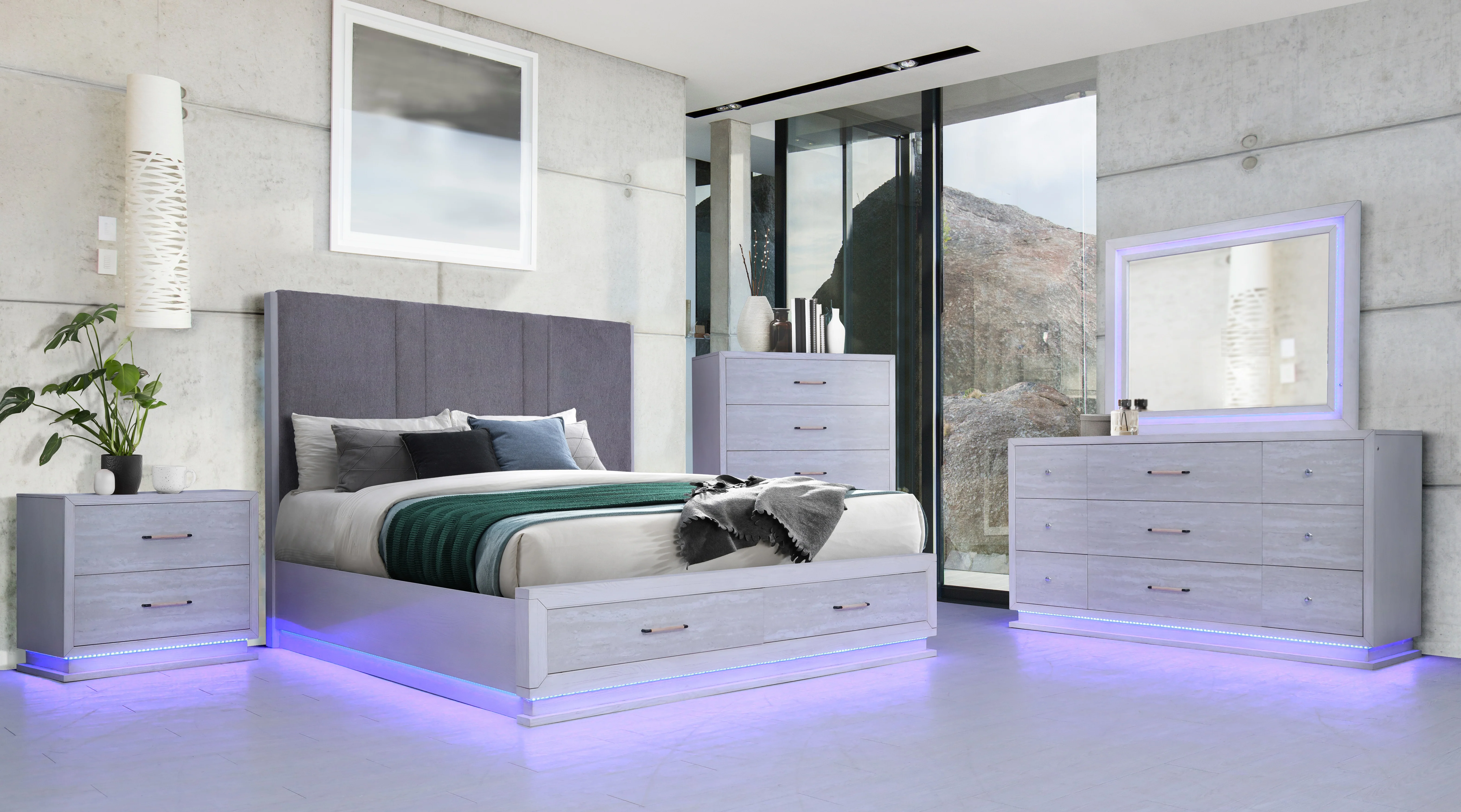 Modern White 6-Piece Storage Bedroom Set with Gray Upholstered Headboard & LED Lighting