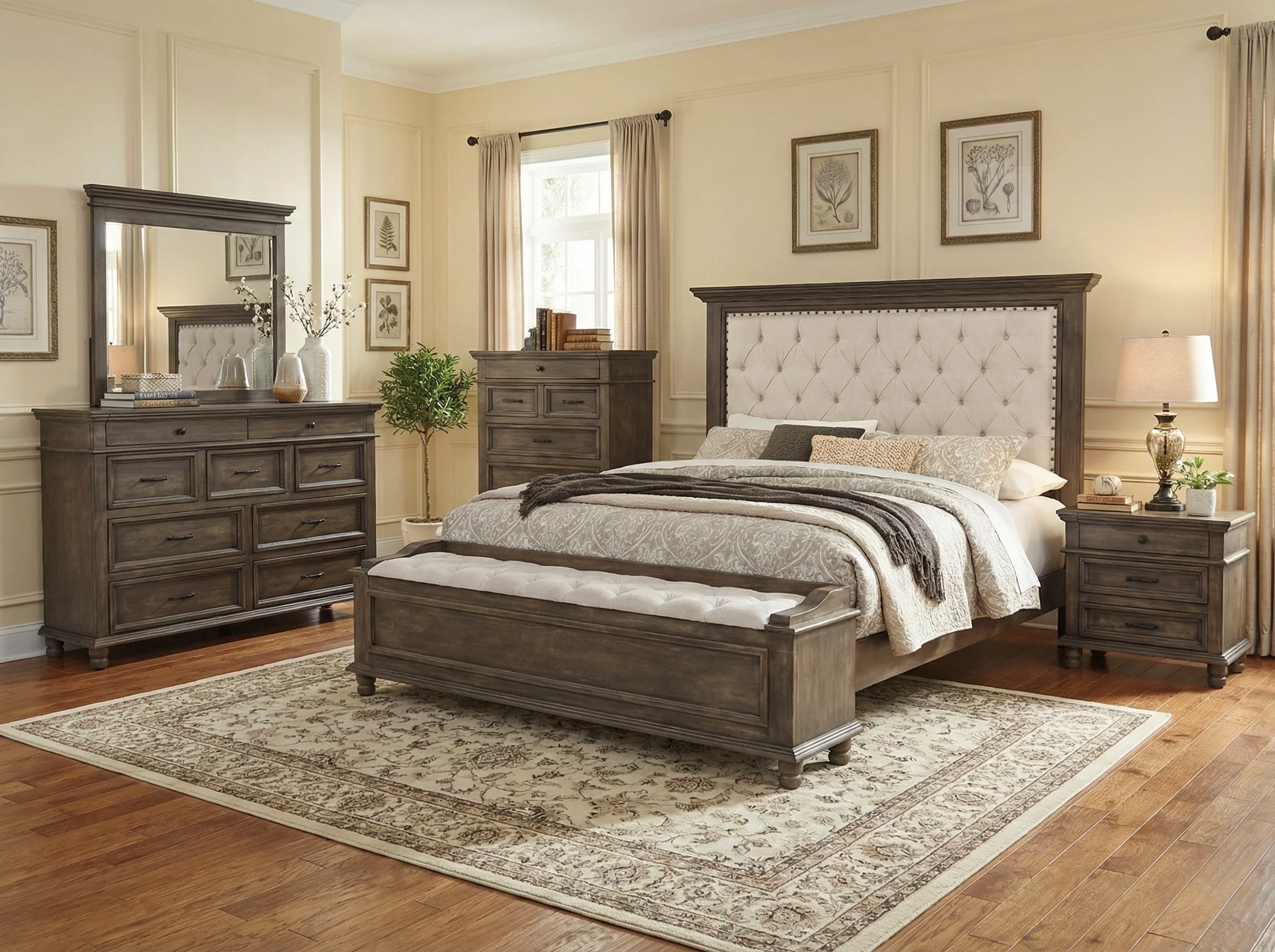 2941-brown-rustic-upholstered-6-piece-king-bedroom-set-with-storage-bench-1.webp Brown Rustic Upholstered 6 Piece King Bedroom Set with Storage Bench