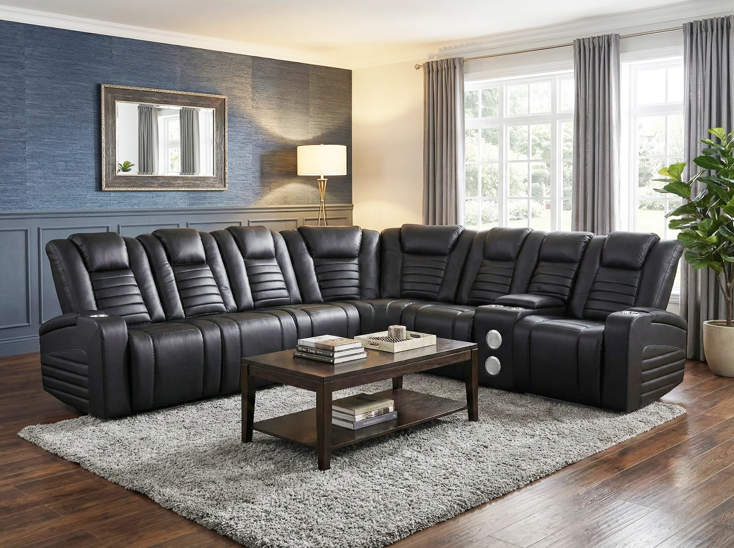 Modern Black Power Reclining Sectional with Power Headrests, Built-In Speakers, LED Lights, Cup Holders & USB Charging